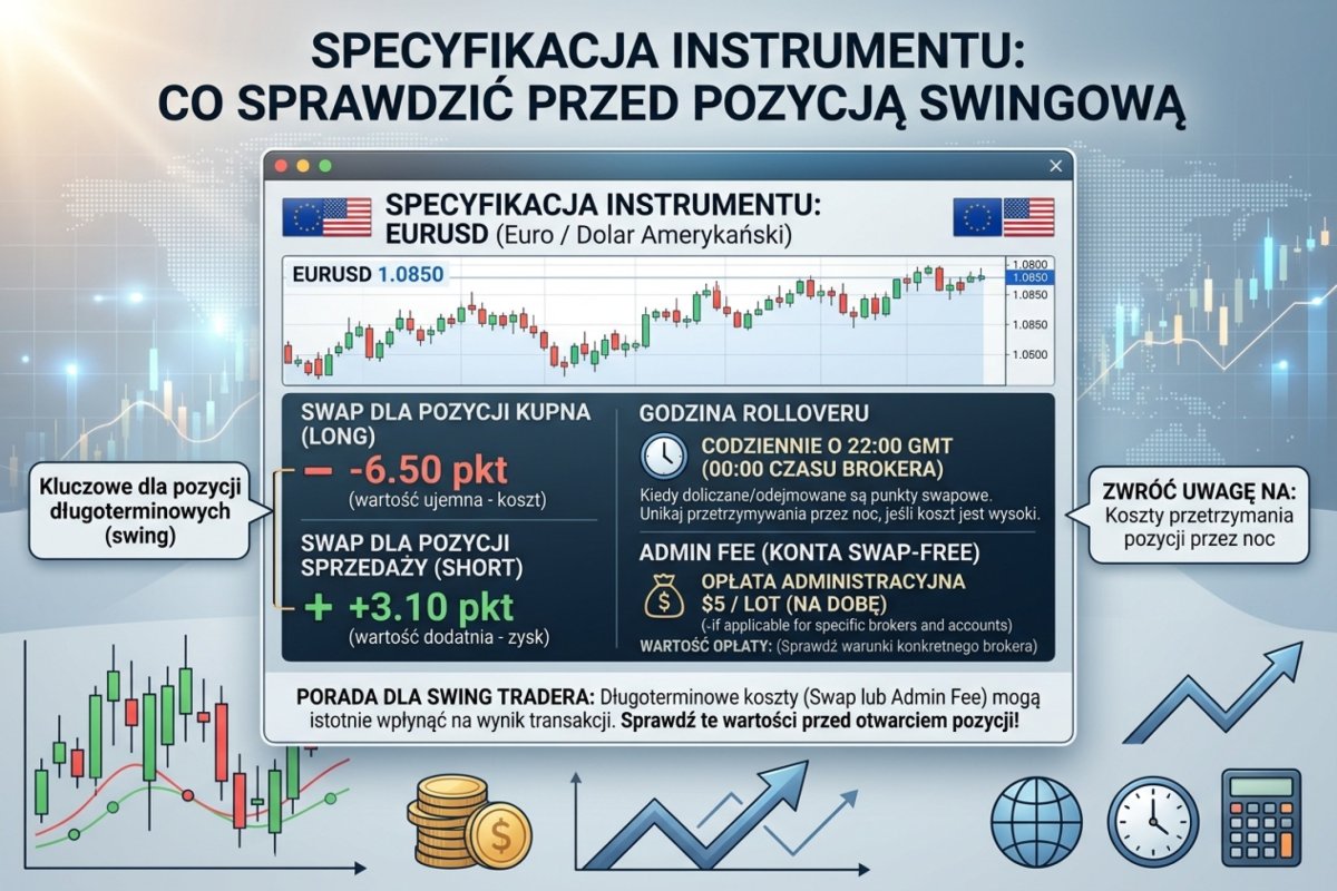 Pola specyfikacji instrumentu potrzebne do rachunku kosztu utrzymania: naliczenie dobowe osobno dla pozycji długiej i krótkiej, dzień potrójnego naliczenia oraz godzina rolowania w czasie serwera