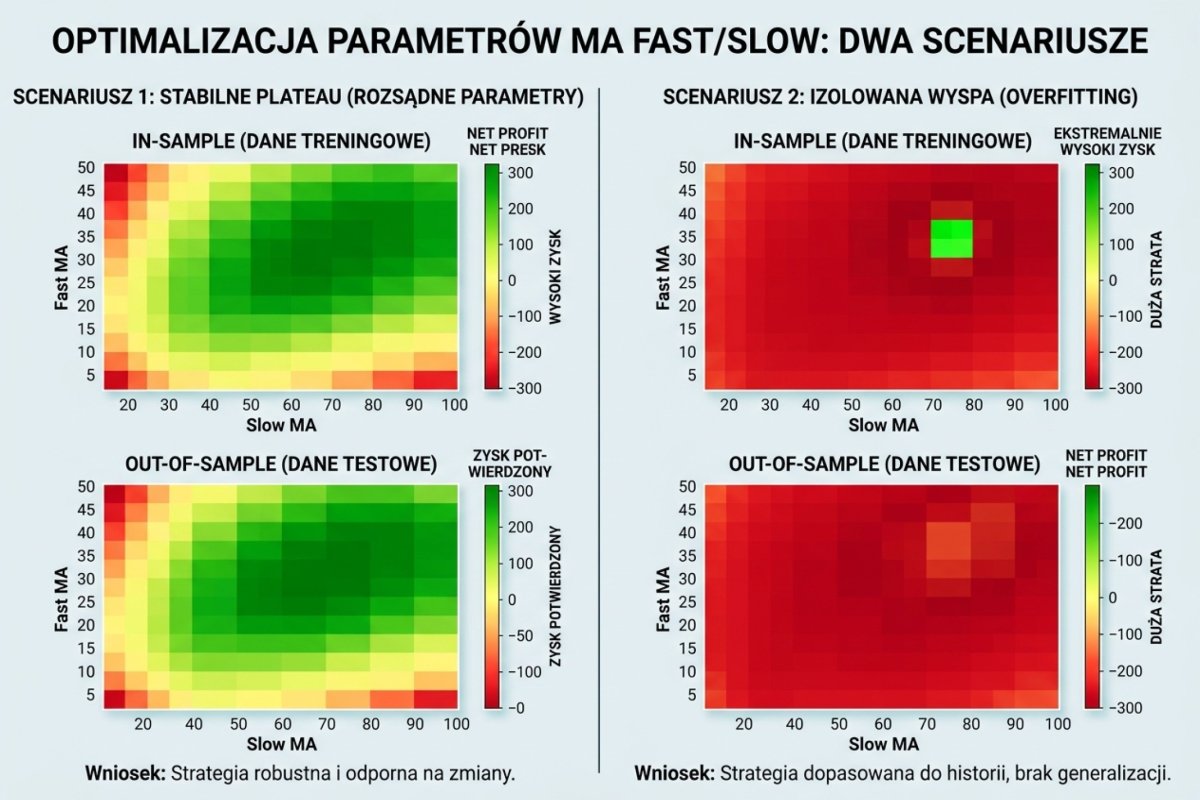 Wynik reguły przy kolejnych ustawieniach parametru swobodnego: rozległy obszar stabilny o zbliżonych wartościach wobec pojedynczego izolowanego maksimum, zestawiony osobno dla próby uczącej i dla okna nieużytego do doboru; wartości ilustracyjne