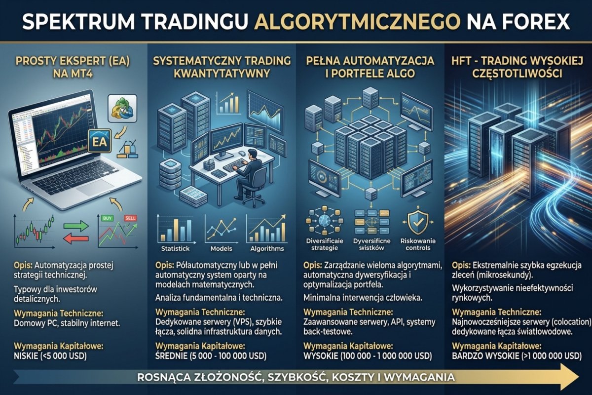 Cztery układy automatyzacji dostępne uczestnikowi detalicznemu — od własnego programu przez półautomat po odwzorowanie cudzych transakcji, uszeregowane według tego, ile z reguły pozostaje znane i sprawdzalne