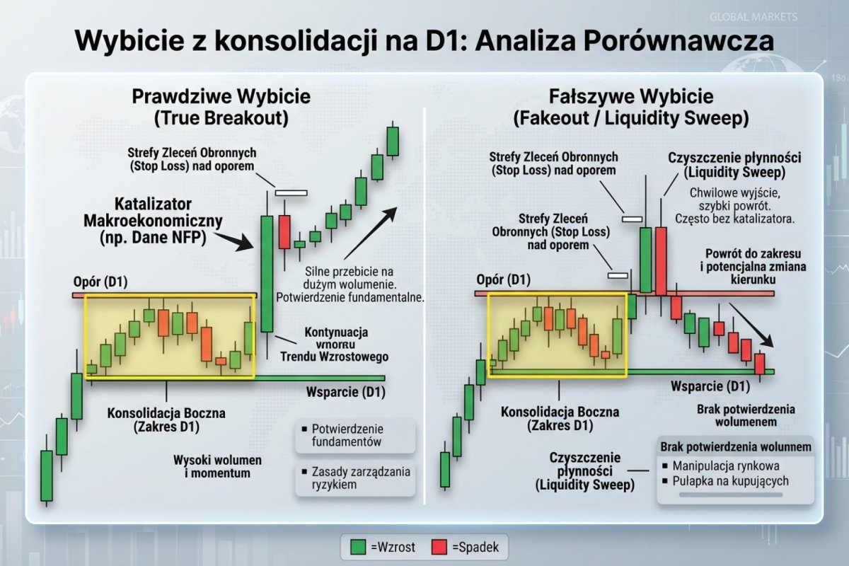 Cztery warianty definicji wybicia wyznaczone na tym samym poziomie: naruszenie ceną bieżącą, zamknięcie interwału poza strefą, przekroczenie o margines liczony z ATR oraz utrzymanie ceny przez zadany czas