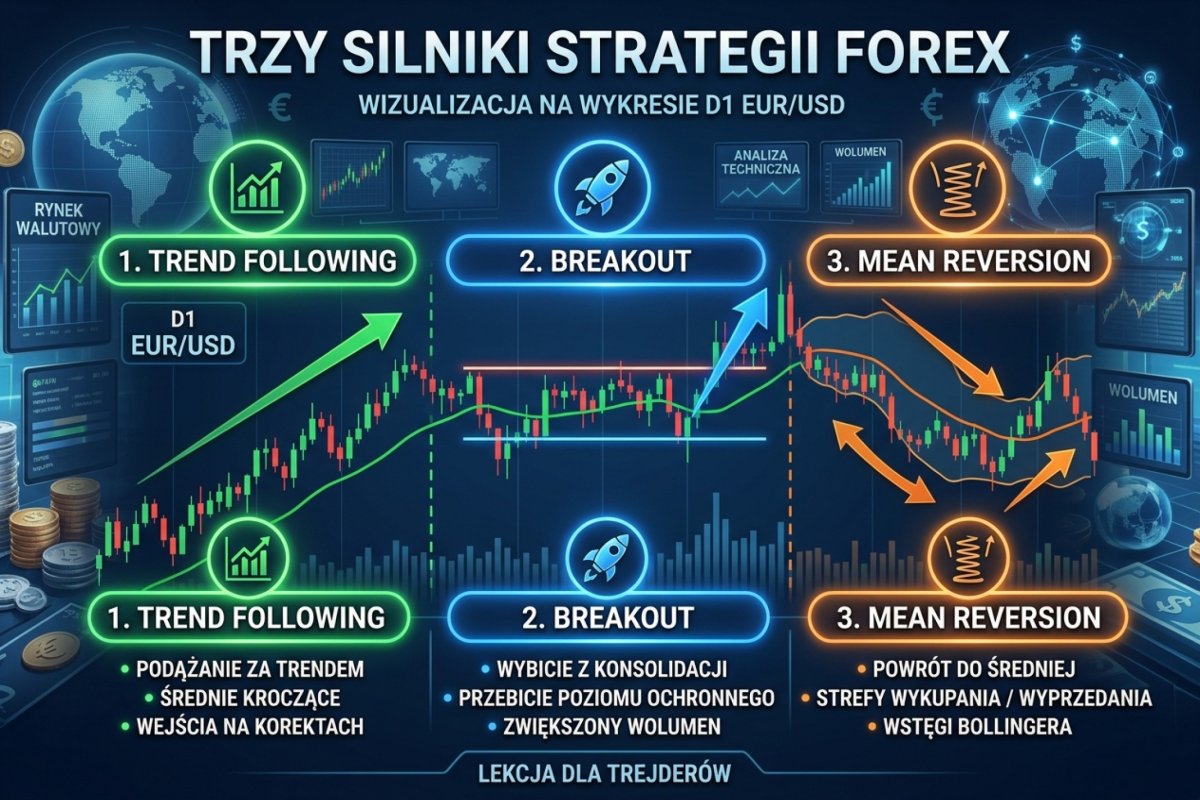 Trzy rodziny logiki wejścia na rynku Forex — kontynuacja ruchu, przejście przez wskazany poziom i powrót do punktu odniesienia — wraz z odwrotnym kształtem rozkładu wyników