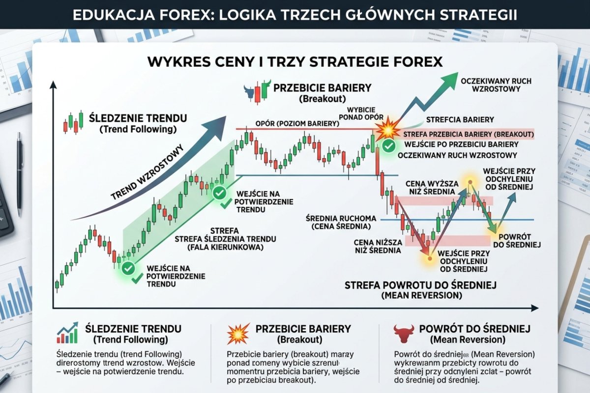 Trzy rodziny logiki wejścia i ich założenia o rozkładzie przyszłej zmiany ceny: kontynuacja ruchu, przejście przez wskazany poziom oraz powrót do punktu odniesienia
