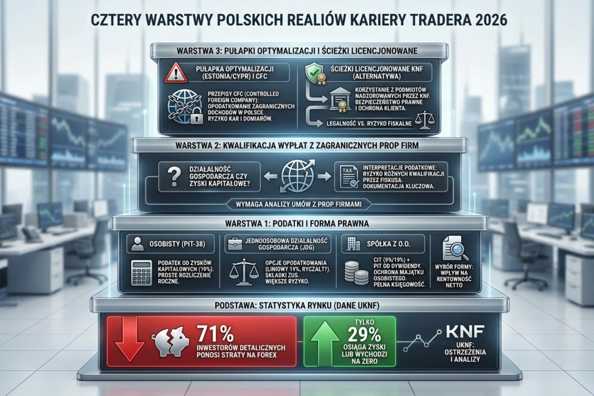 Cztery warstwy polskich realiów kariery tradera 2026: podatki i forma prawna (PIT-38 vs JDG vs spółka z o.o.), kwalifikacja payoutów z zagranicznych prop firm, pułapka optymalizacji przez Estonię/Cypr i przepisy CFC, statystyka rynku (71% stratnych wg UKNF) oraz ścieżki licencjonowane KNF