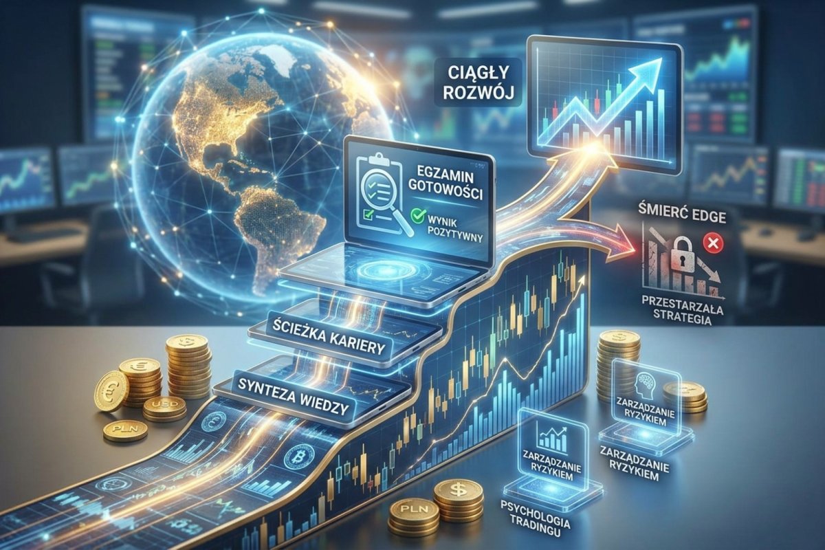 Synteza i ścieżka kariery tradera Forex — dziesięć artykułów domykających kurs: egzamin gotowości, śmierć edge'u, test dopasowania, ścieżki kariery, track record, certyfikaty, formy prawne, ucieczka z etatu, plan rozwoju i biblioteka przetrwania