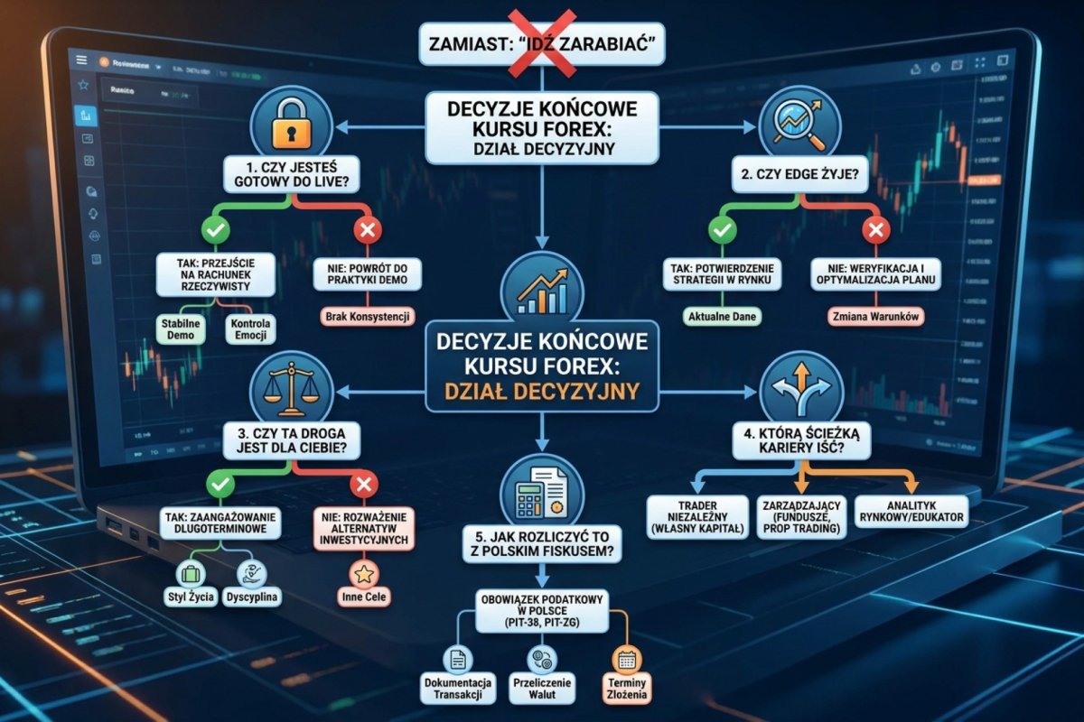 Pięć decyzji domykających kurs Forex zamiast hasła „idź zarabiać": czy jesteś gotowy do live, czy edge żyje, czy ta droga jest dla ciebie, którą ścieżką kariery iść i jak rozliczyć to z polskim fiskusem. Dział decyzyjny, nie motywacyjny