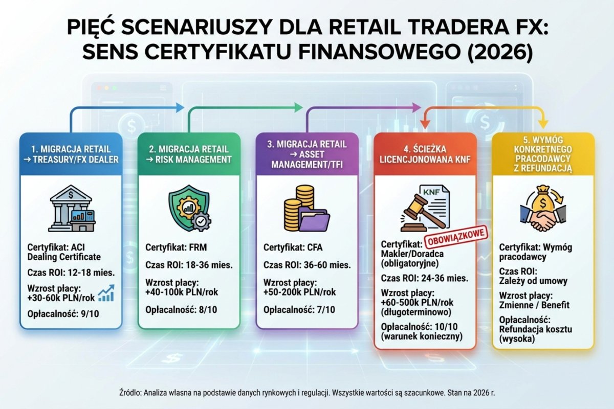 Pięć scenariuszy operacyjnych, w których certyfikat finansowy ma sens dla retail tradera FX 2026: (1) migracja retail → treasury/FX dealer (ACI Dealing Certificate, 12-18 mies. do ROI, +30-60k PLN/rok, opłacalność 9/10), (2) migracja retail → risk management (FRM, 18-36 mies., +40-100k PLN/rok, 8/10), (3) migracja retail → asset management/TFI (CFA, 36-60 mies., +50-200k PLN/rok, 7/10), (4) ścieżka licencjonowana KNF (makler/doradca obligatoryjne, 24-36 mies., +60-500k PLN/rok długoterminowo, 10/10 jako warunek konieczny), (5) wymóg konkretnego pracodawcy z refundacją kosztu