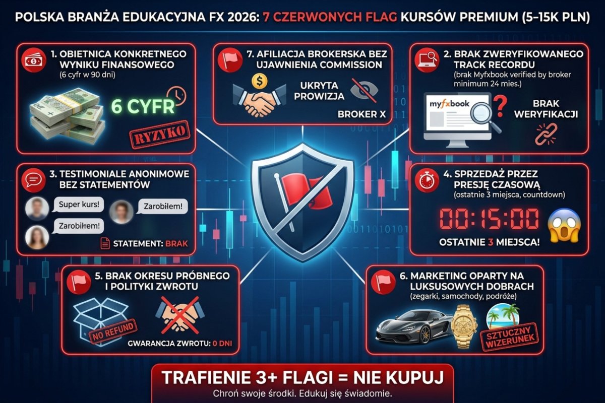 Siedem czerwonych flag kursu premium 5-15k PLN w polskiej branży edukacyjnej FX 2026: (1) obietnica konkretnego wyniku finansowego (6 cyfr w 90 dni), (2) brak zweryfikowanego track recordu prowadzącego (brak Myfxbook verified by broker minimum 24 mies.), (3) testimoniale anonimowe bez statementów, (4) sprzedaż przez presję czasową (ostatnie 3 miejsca, countdown), (5) brak okresu próbnego i polityki zwrotu, (6) marketing oparty na luksusowych dobrach (zegarki, samochody, podróże), (7) afiliacja brokerska bez ujawnienia commission. Trafienie 3+ flagi = nie kupuj