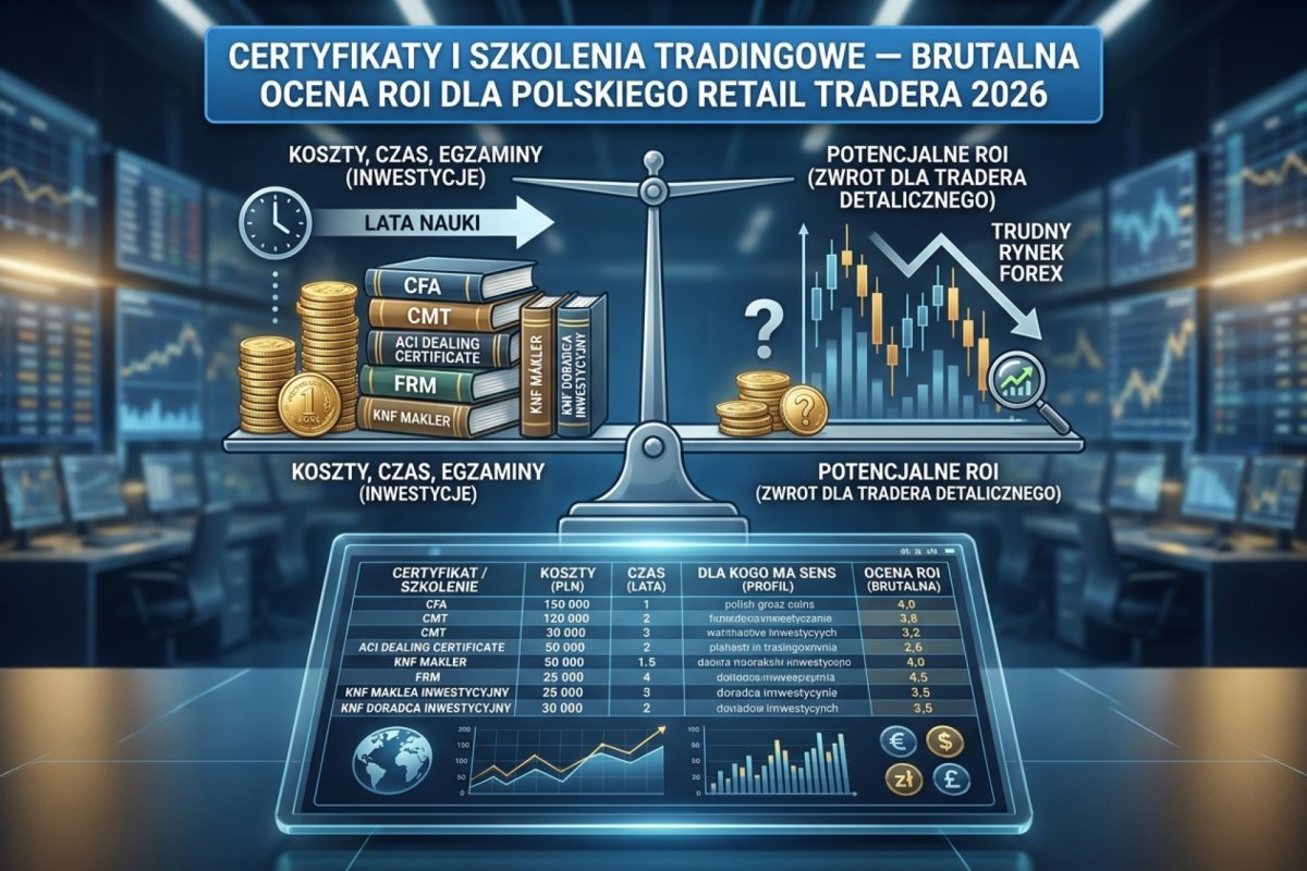 Certyfikaty i szkolenia tradingowe — brutalna ocena ROI dla polskiego retail tradera 2026: CFA, CMT, ACI Dealing Certificate, FRM, polskie egzaminy KNF (makler, doradca inwestycyjny). Tabela kosztów, czasu, dla kogo ma sens