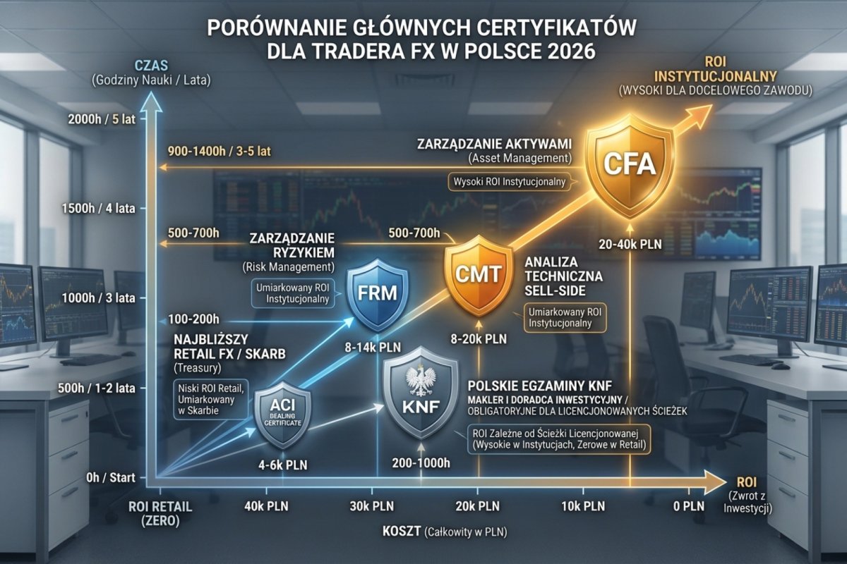 Porównanie głównych certyfikatów finansowych dla tradera FX w Polsce 2026: CFA (20-40k PLN, 900-1400h, 3-5 lat, dla asset management), CMT (8-20k PLN, 500-700h, dla sell-side TA), ACI Dealing Certificate (4-6k PLN, 100-200h, najbliższy retail FX, dla treasury), FRM (8-14k PLN, 400-600h, dla risk management), polskie egzaminy KNF makler i doradca inwestycyjny (2-8k PLN, 200-1000h, obligatoryjne dla licencjonowanych ścieżek). Wizualne osie: koszt × czas × ROI retail (zero) vs ROI instytucjonalny (wysoki dla docelowego zawodu)