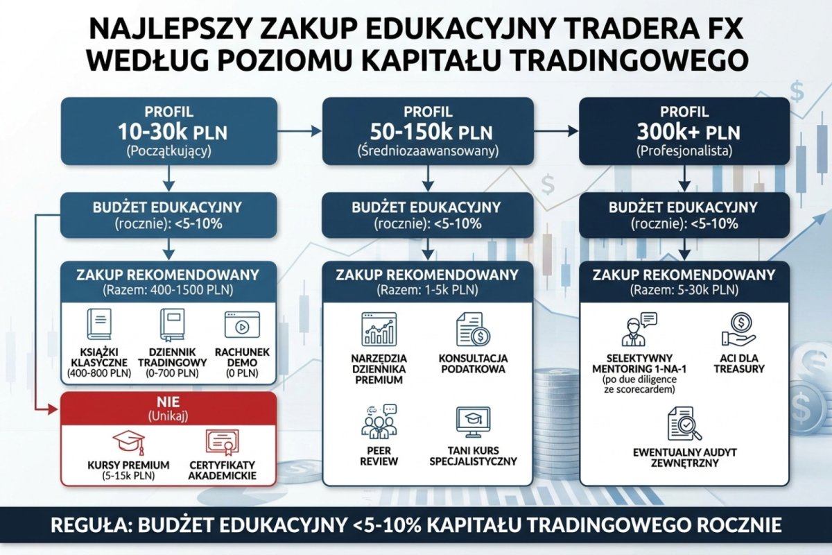 Najlepszy zakup edukacyjny tradera FX według poziomu kapitału tradingowego: profil 10-30k PLN (książki klasyczne 400-800 PLN + dziennik 0-700 PLN/rok + demo, razem 400-1500 PLN/rok; NIE: kursy premium 5-15k PLN, certyfikaty akademickie), profil 50-150k PLN (narzędzia dziennika premium, konsultacja podatkowa, peer review, tani kurs specjalistyczny, razem 1-5k PLN/rok), profil 300k+ PLN (selektywny mentoring 1-na-1 po due diligence ze scorecardem, ACI dla treasury, ewentualny audyt zewnętrzny, razem 5-30k PLN/rok). Reguła: budżet edukacyjny <5-10% kapitału tradingowego rocznie