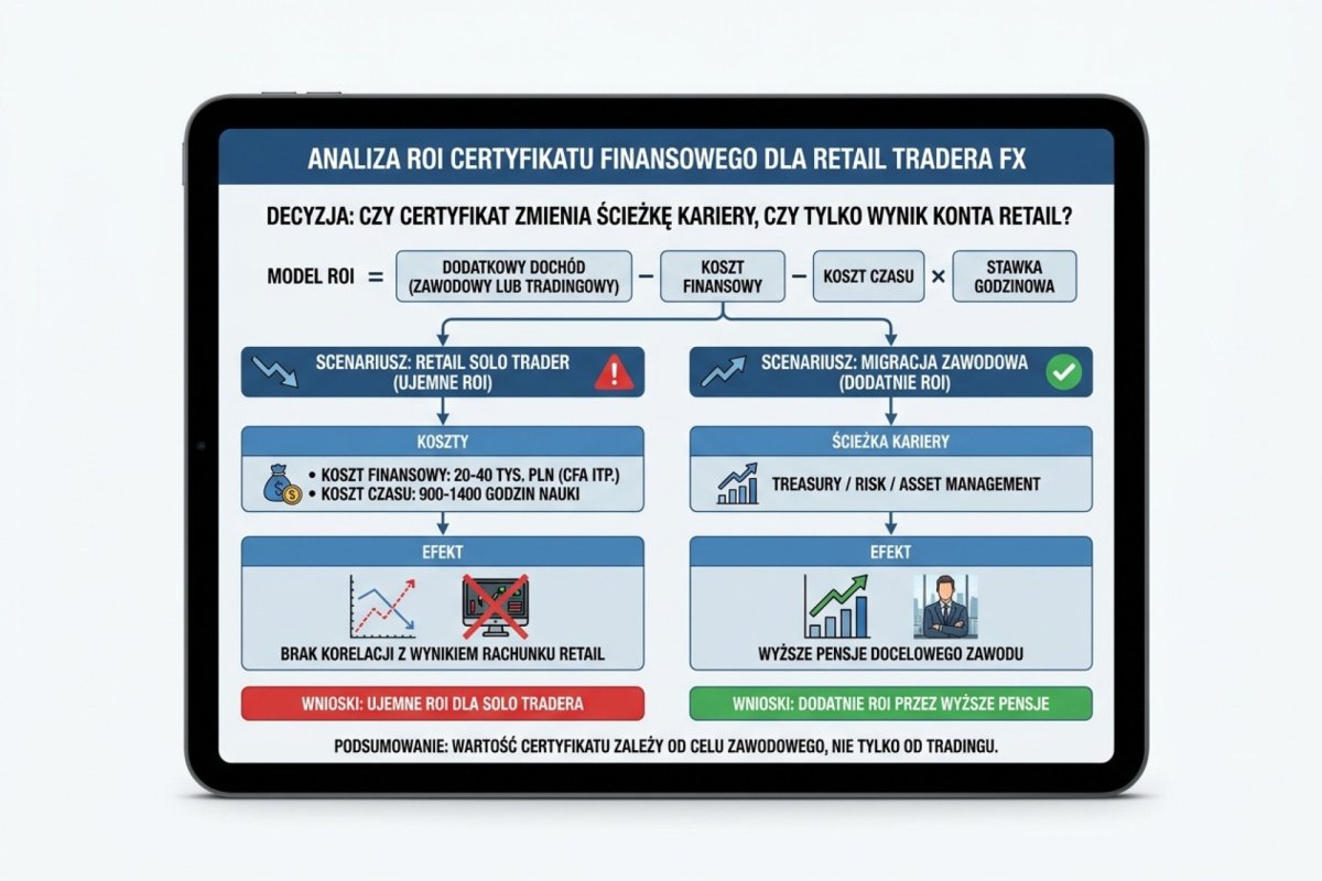 Model ROI certyfikatu finansowego dla retail tradera FX: wzór ROI = dodatkowy dochód (zawodowy lub tradingowy) minus koszt finansowy minus koszt czasu × stawka godzinowa. Diagram pokazuje, że dla retail solo ROI jest ujemne — koszt 20-40k PLN za CFA i 900-1400h nauki bez korelacji z wynikiem rachunku. Dla migracji do treasury/risk/asset management ROI staje się dodatnie przez wyższe pensje docelowego zawodu. Decyzja sprowadza się do pytania: czy certyfikat zmienia ścieżkę kariery, czy ma tylko poprawić wynik konta retail
