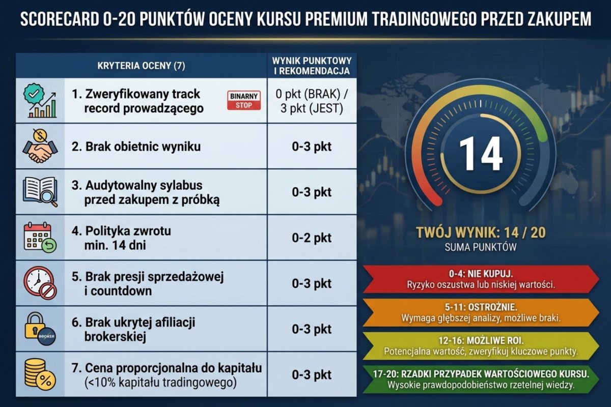 Scorecard 0-20 punktów oceny kursu premium tradingowego przed zakupem. 7 kryteriów: (1) zweryfikowany track record prowadzącego — binarny stop jeśli brak (0 lub 3 pkt), (2) brak obietnic wyniku (0-3), (3) audytowalny sylabus przed zakupem z próbką (0-3), (4) polityka zwrotu min. 14 dni (0-2), (5) brak presji sprzedażowej i countdown (0-3), (6) brak ukrytej afiliacji brokerskiej (0-3), (7) cena proporcjonalna do kapitału (<10% kapitału tradingowego, 0-3). Wynik: 0-4 nie kupuj, 5-11 ostrożnie, 12-16 możliwe ROI, 17-20 rzadki przypadek wartościowego kursu