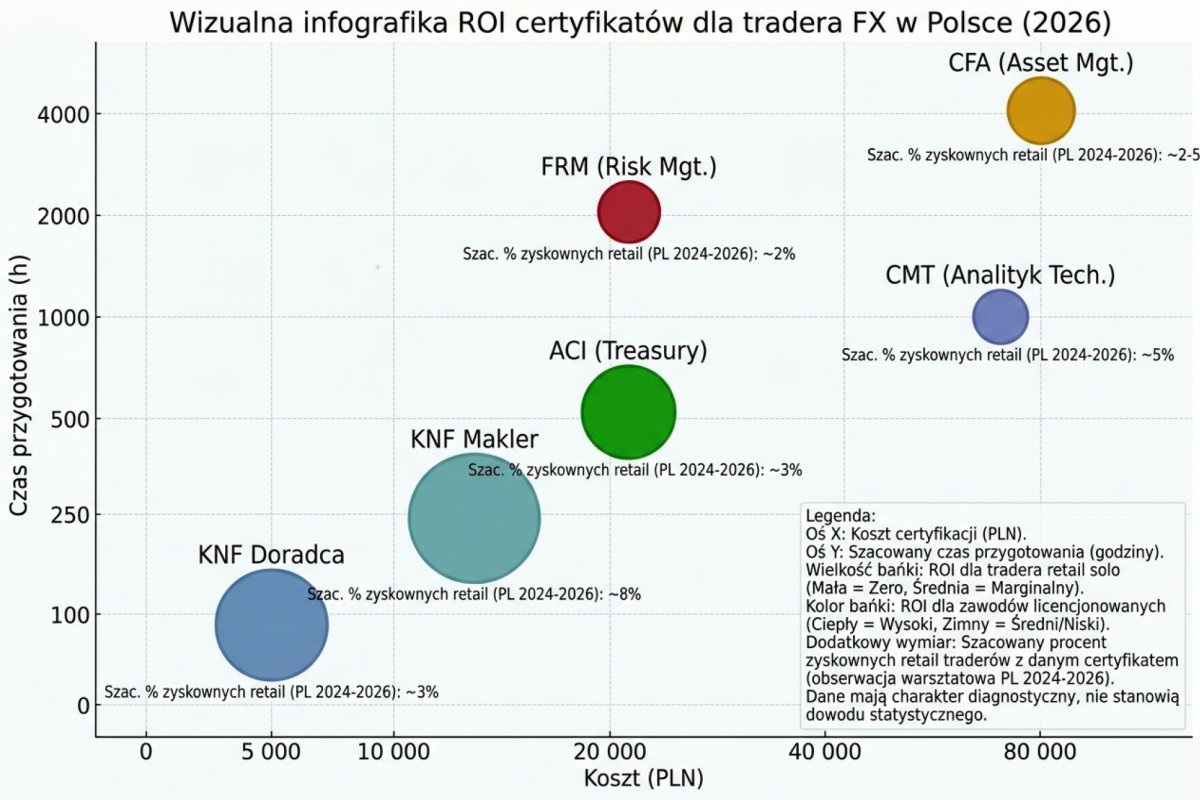 Wizualna infografika ROI certyfikatów dla tradera FX w Polsce 2026: oś X = koszt PLN, oś Y = czas h, wielkość bańki = ROI dla retail solo (zero dla CFA/CMT/FRM, marginalny dla ACI/KNF makler), kolor bańki = ROI dla zawodów licencjonowanych (wysoki dla CFA-asset management, FRM-risk, ACI-treasury). Dodatkowy wymiar: szacowany procent zyskownych retail traderów z danym certyfikatem (obserwacja warsztatowa PL 2024-2026): CFA ~2-5%, CMT ~5%, ACI ~3%, FRM ~2%, makler ~8%, doradca ~3%. Próba zbyt mała na dowód statystyczny, wystarczająca na sygnał diagnostyczny