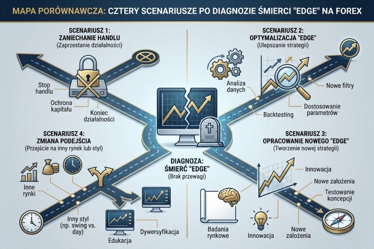Mapa porównawcza czterech scenariuszy po diagnozie śmierci edge'u: oś X &mdash; koszt operacyjny (1-3 mies. dla A, 1-4 kwartały dla B, 6-12 mies. dla C, równolegle dla D), oś Y &mdash; ryzyko niepowodzenia (intervention bias dla A, uwięzienie kapitału dla B, brak nowego edge'u dla C, rozproszenie uwagi dla D). Strefy decyzyjne pokazują, kiedy każdy scenariusz ma sens: A dla zmian zewnętrznych z konkretną adaptacją, B dla cykli prawdopodobnie cyklicznych, C dla zmian strukturalnych, D dla starego systemu z marginalną expectancy 0,05-0,15R