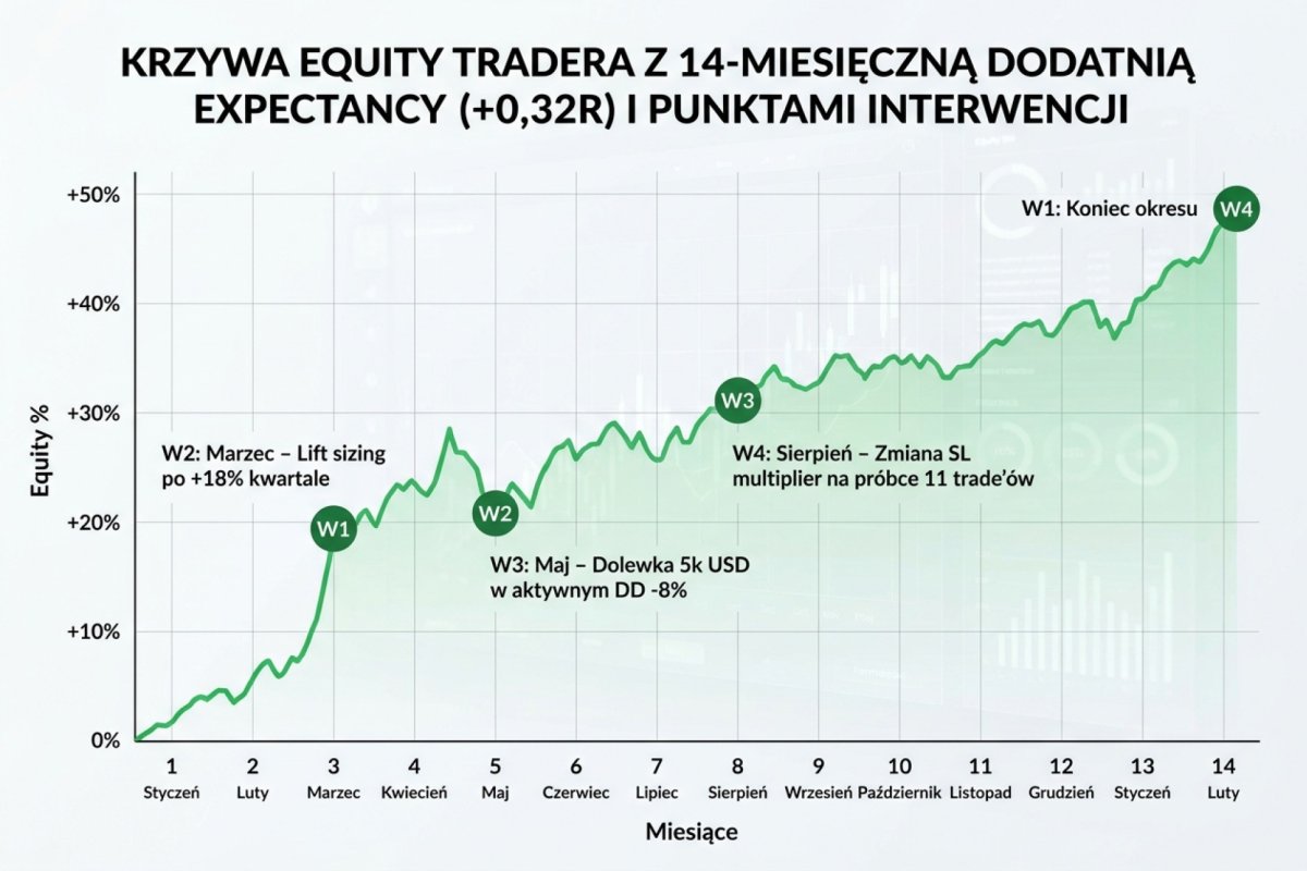 Krzywa equity tradera z 14-miesięczną dodatnią expectancy +0,32R i naniesionymi 4 punktami interwencji W1-W4: marzec lift sizing po +18% kwartale (W2), maj dolewka 5k USD w aktywnym DD -8% (W3), sierpień zmiana SL multiplier na próbce 11 trade'ów (W1), listopad porzucenie systemu na rzecz strategii z YouTube (W4). Stan końcowy -47% od peak'u vs symulacja bez interwencji +18% — różnica 65 punktów procentowych jako matematyka intervention bias