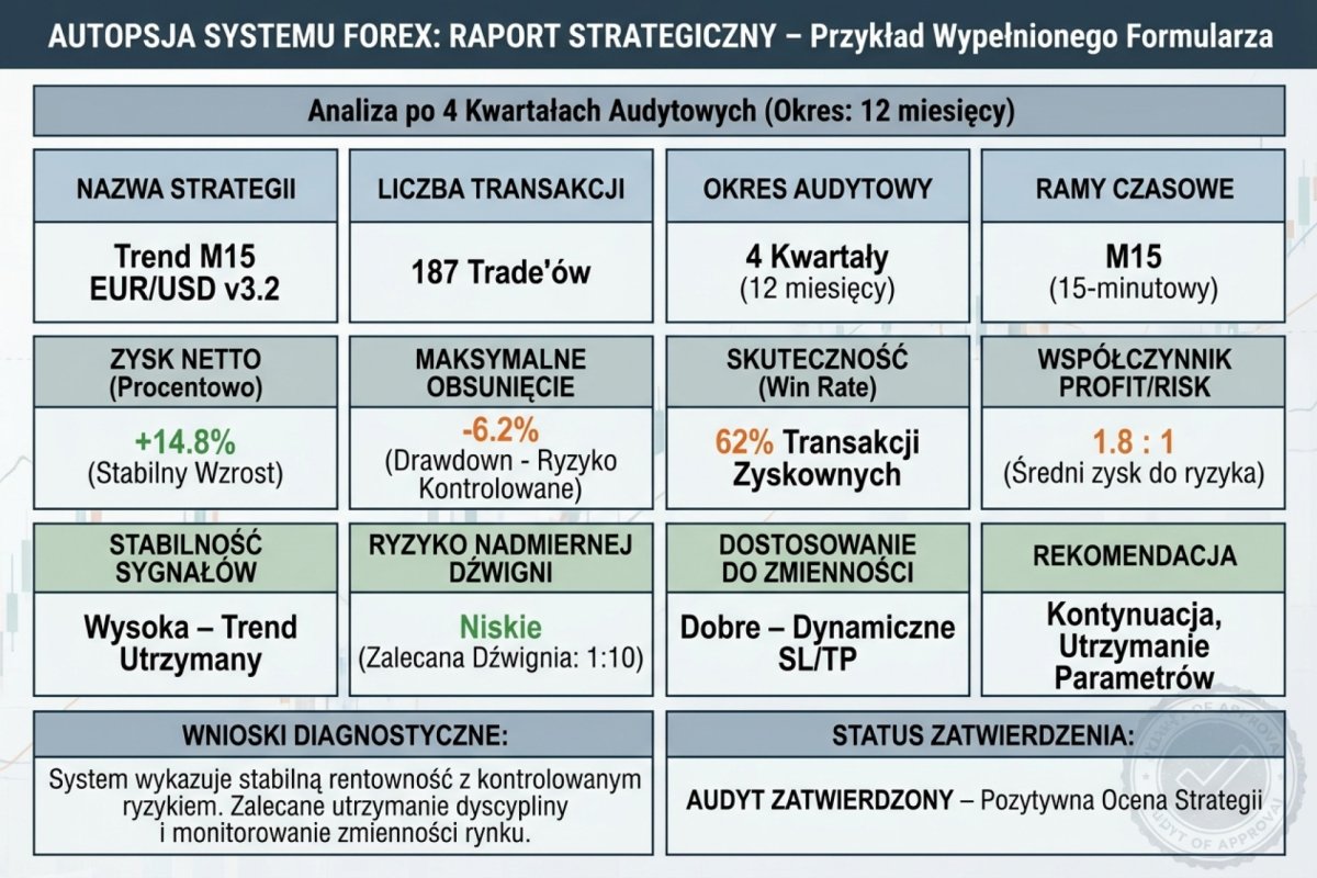 Przykład wypełnionego formularza autopsji systemu — 12 pól dla strategii „Trend M15 EUR/USD v3.2" w okresie 4 kwartałów audytowych: 187 trade'ów, expectancy netto +0,07R (spadek z +0,21R w fazie eksploatacji), profit factor 1,12 brutto / 0,98 netto, max DD 14,2%, MC 95p = 11,8% (DD powyżej percentyla), compliance 87%, 3 zmiany parametrów (każda po próbce 14-22 trade'ów), execution drag 0,18R per trade. Decyzja: stop handlu, pełna procedura sekcji 5