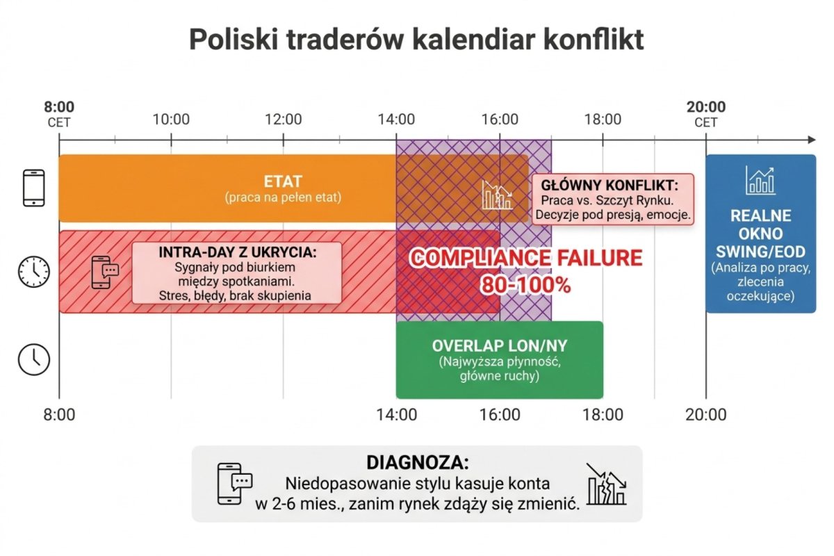Konflikt kalendarza polskiego tradera na etacie: oś czasu 8:00-20:00 CET z naniesionymi blokami — etat 8:00-16:30 (pomarańczowy), overlap LON/NY 14:00-18:00 z najwyższą płynnością (zielony), realne okno wykonania swing/EOD po 20:00 CET (niebieski). Zaznaczone strefy konfliktu, w których trader próbujący intraday łapie sygnały telefonem pod biurkiem między spotkaniami i generuje compliance failure 80-100%. Diagnoza: niedopasowanie stylu kasuje konta w 2-6 mies., zanim rynek zdąży się zmienić