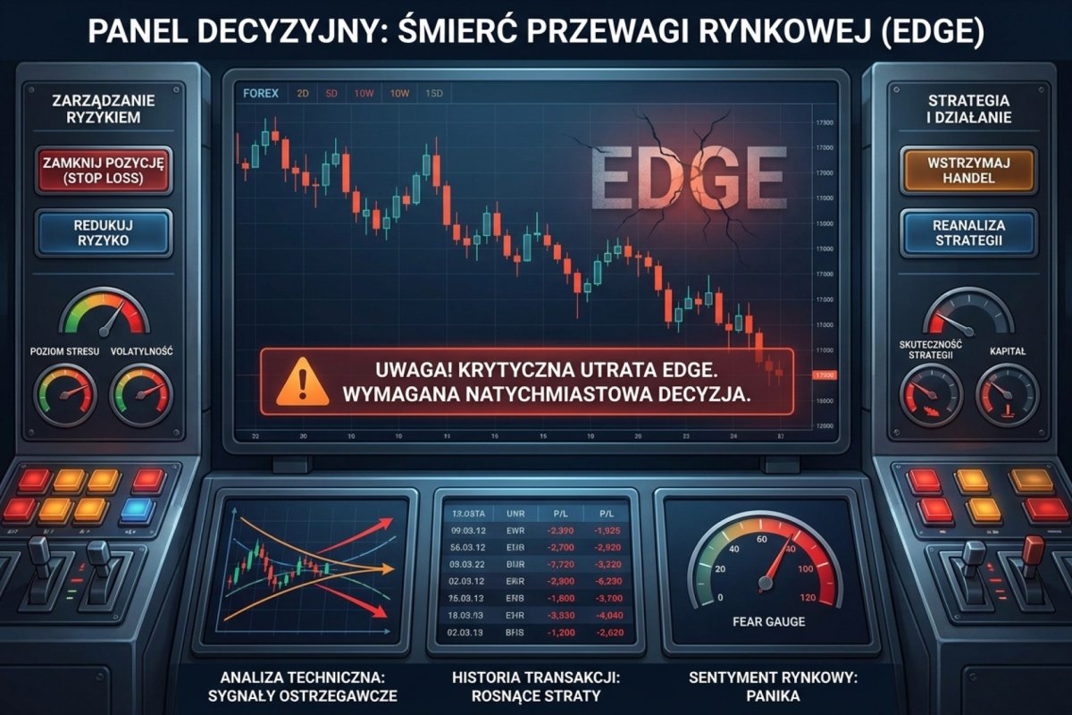 Panel decyzyjny śmierci edge'u w postaci wizualnej — 5 stanów systemu (normalny, obserwacja, redukcja sizingu, stop handlu, pogrzeb) z progami expectancy netto, minimalną próbką OOS, compliance rate i pozycją obecnego DD względem percentyla 95 z bootstrapu Monte Carlo. Strefy oznaczone kolorami od zielonej (normalna eksploatacja) do czerwonej (pogrzeb po trzech kolejnych oknach poniżej progu)