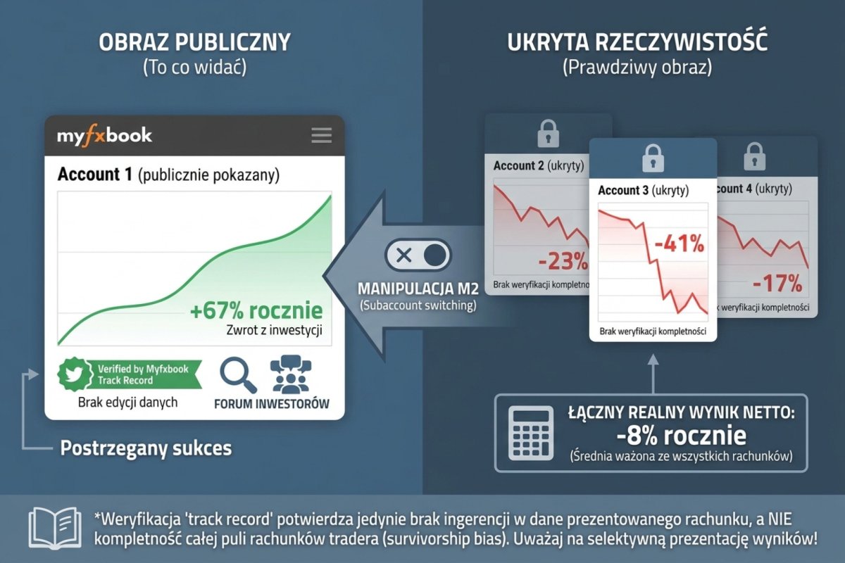 Wizualizacja survivorship bias na profilach Myfxbook „verified by track record": cztery rachunki tradera zasilone z tej samej puli kapitału — Account 1 (publicznie pokazany) +67% rocznie, gładka krzywa; Account 2 (ukryty) -23%, Account 3 (ukryty) -41%, Account 4 (ukryty) -17%. Łączny realny wynik netto: -8% rocznie. Manipulacja M2 (subaccount switching) zniekształca obraz, który widzi forum i potencjalni inwestorzy — verified by track record weryfikuje tylko brak edycji danych na pokazanym koncie, nie kompletność puli rachunków