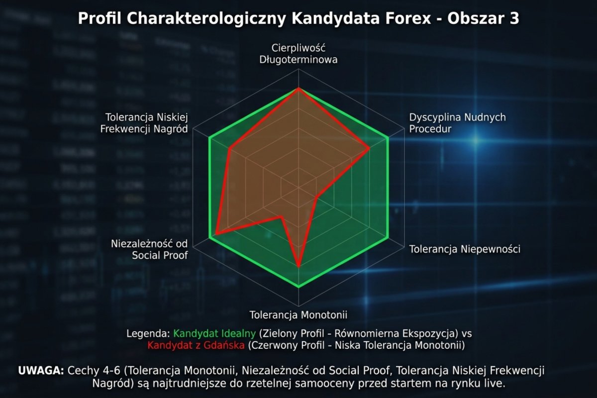 Radarowy wykres sześciu cech charakterologicznych testowanych w obszarze 3: cierpliwość długoterminowa, dyscyplina nudnych procedur, tolerancja niepewności, tolerancja monotonii, niezależność od social proof, tolerancja niskiej frekwencji nagród. Przykład profilu kandydata zielonego (równomierna ekspozycja na wszystkie 6 osi) vs profilu czerwonego w obszarze tolerancji monotonii (kandydat z Gdańska). Cechy 4-6 są najtrudniejsze do samooceny przed startem na live