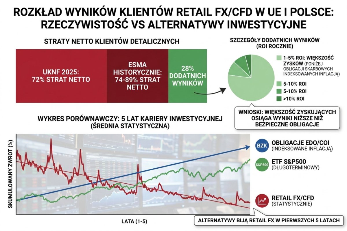 Rozkład wyników klientów retail FX/CFD w UE i Polsce: 72% strat netto według UKNF 2025, 74-89% strat według historycznych raportów ESMA. Z 28% dodatnich wyników większość mieści się w przedziale 1-5% rocznie ROI netto, czyli poniżej obligacji skarbowych indeksowanych inflacją. Wykres porównawczy: trading retail vs obligacje EDO/COI vs ETF S&P500 — w pierwszych 5 latach kariery alternatywy biją retail FX statystycznie