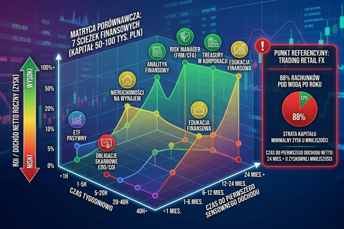 Matryca porównawcza siedmiu ścieżek karierowo-finansowych dla osoby z kapitałem 50-100 tys. PLN: ETF pasywny, obligacje skarbowe EDO/COI, nieruchomości na wynajem, analityk finansowy, risk manager (FRM/CFA), treasury w korporacji, edukacja finansowa. Osi: ROI/dochód netto roczny vs czas tygodniowo vs czas do pierwszego sensownego dochodu. Trading retail FX jako punkt referencyjny: 88% rachunków pod wodą po roku, 24+ mies. do pierwszego dochodu netto u zyskownej mniejszości