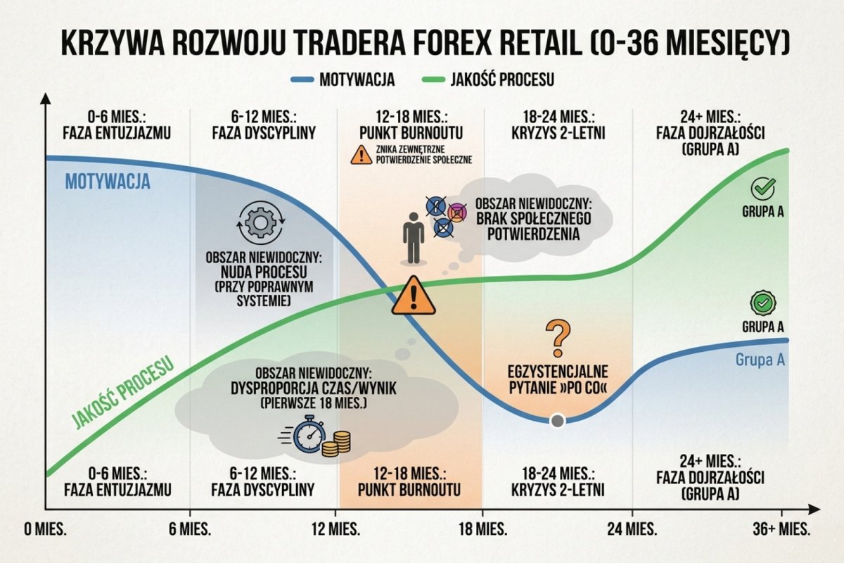 Krzywa motywacji i jakości procesu tradera retail w okresie 0-36 miesięcy: faza entuzjazmu 0-6 mies., faza dyscypliny 6-12 mies., punkt burnoutu 12-18 mies. (gdzie znika zewnętrzne potwierdzenie społeczne), kryzys 2-letni 18-24 mies. (egzystencjalne pytanie „po co"), faza dojrzałości 24+ mies. dla grupy A. Trzy obszary niewidoczne na początku: nuda procesu (przy poprawnym systemie), dysproporcja czas/wynik w pierwszych 18 mies., brak społecznego potwierdzenia