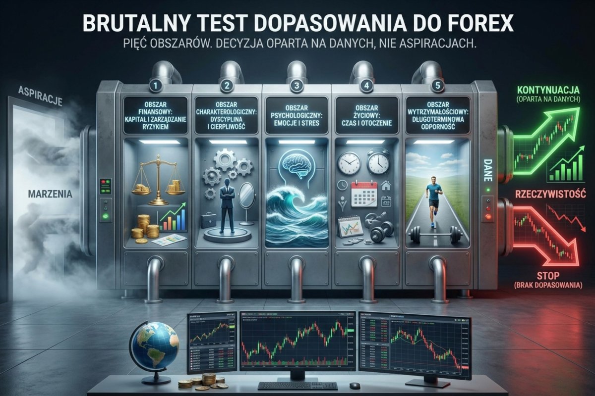 Brutalny test dopasowania do tradingu Forex — pięć obszarów: finansowy, charakterologiczny, psychologiczny, życiowy i wytrzymałościowy. Decyzja o kontynuacji oparta na danych, nie aspiracji