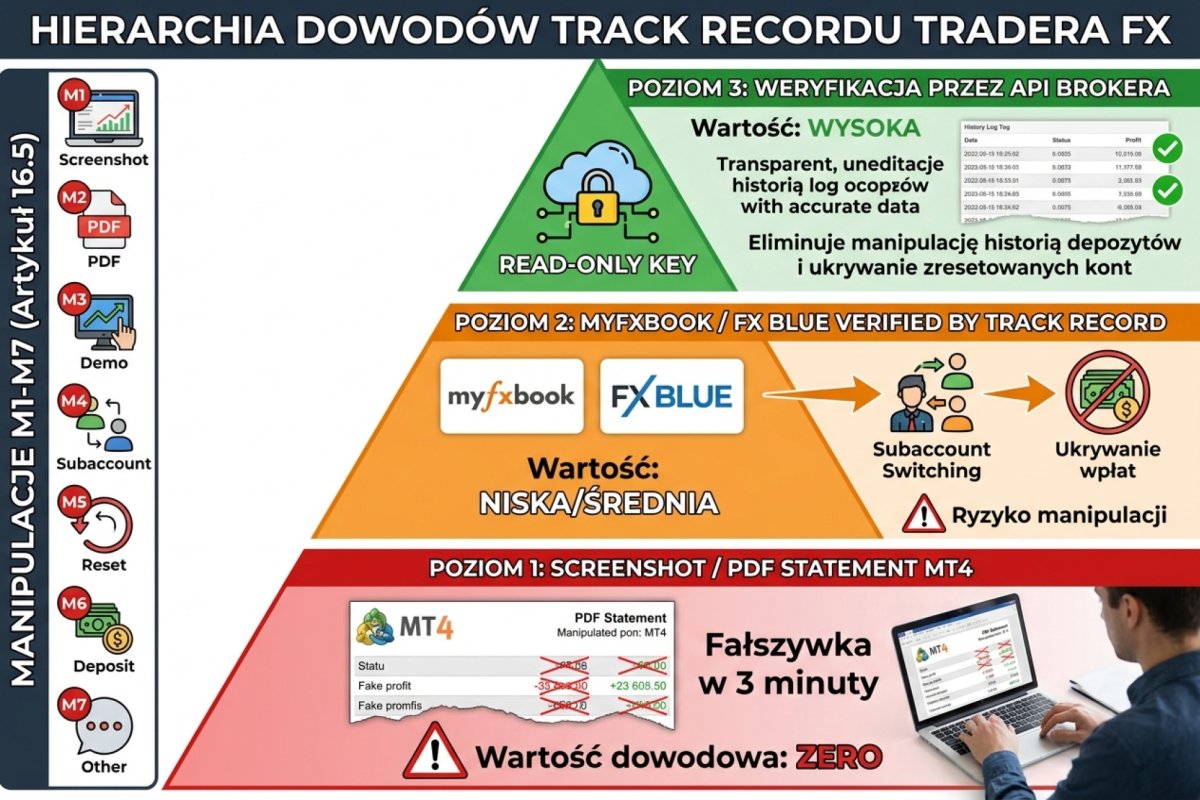 Hierarchia dowodów track recordu tradera FX: poziom 1 — screenshot / PDF statement MT4 (wartość dowodowa zero, fałszywka w 3 minuty); poziom 2 — Myfxbook / FX Blue Verified by Track Record (niska/średnia wartość, ryzyko subaccount switching i ukrywania wpłat); poziom 3 — weryfikacja przez API brokera read-only password (wysoka wartość, eliminuje manipulację historią depozytów i ukrywanie zresetowanych kont). Schemat porównawczy z 7 manipulacjami M1-M7 z artykułu 16.5