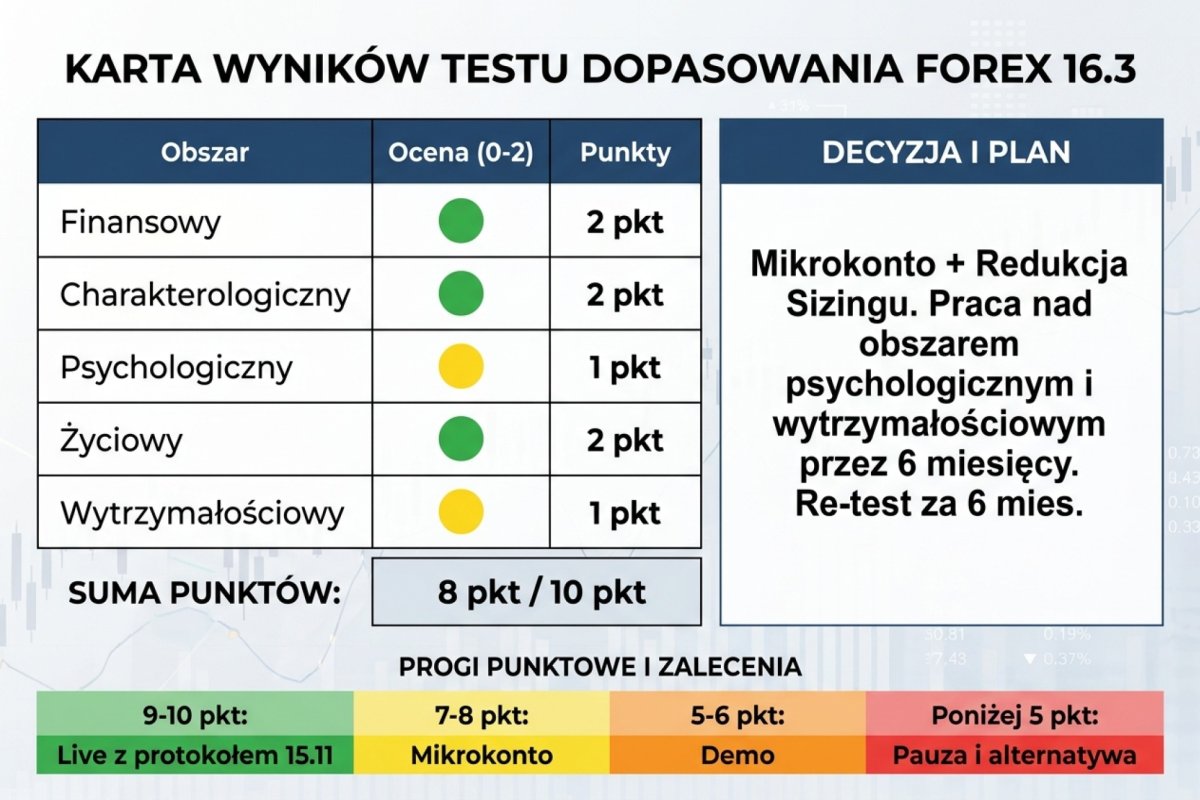 Scorecard testu dopasowania 16.3 w skali 0-2 pkt per obszar (zielony 2, żółty 1, czerwony 0), maksymalnie 10 pkt z 5 obszarów. Przykład wypełnionego scorecardu: finansowy 2 pkt, charakterologiczny 2 pkt, psychologiczny 1 pkt, życiowy 2 pkt, wytrzymałościowy 1 pkt — suma 8 pkt, decyzja: mikrokonto + redukcja sizingu, praca nad obszarem psychologicznym i wytrzymałościowym przez 6 miesięcy, re-test za 6 mies. Cztery progi: 9-10 pkt = live z protokołem 15.11; 7-8 pkt = mikrokonto; 5-6 pkt = demo; poniżej 5 = pauza i alternatywa