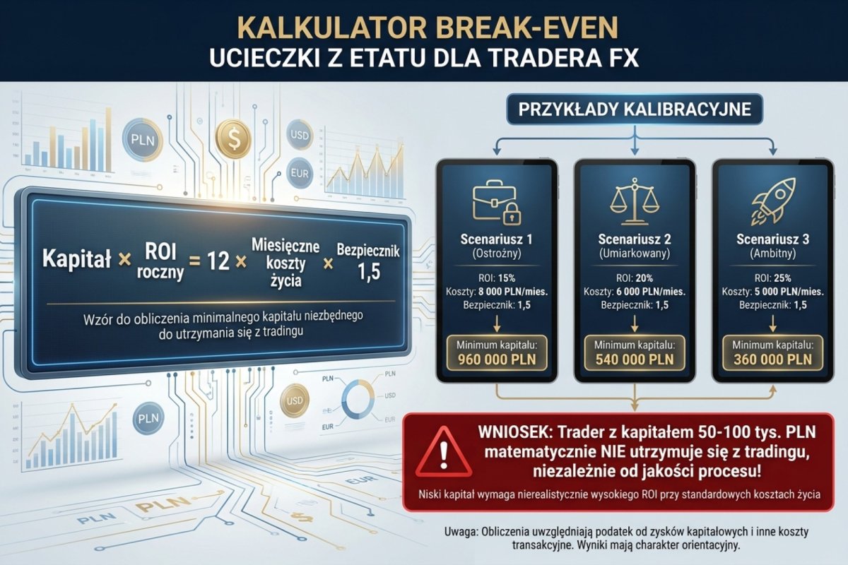 Kalkulator break-even ucieczki z etatu dla tradera FX: wzór kapitał × ROI roczny = 12 × miesięczne koszty życia × bezpiecznik 1,5. Przykłady kalibracyjne dla ROI 15% i kosztów 8 tys. PLN/mies. (minimum kapitału 960 000 PLN), ROI 20% i kosztów 6 tys. PLN (540 000 PLN), ROI 25% i kosztów 5 tys. PLN (360 000 PLN). Tabela pokazuje, że trader z kapitałem 50-100 tys. PLN matematycznie nie utrzymuje się z tradingu, niezależnie od jakości procesu