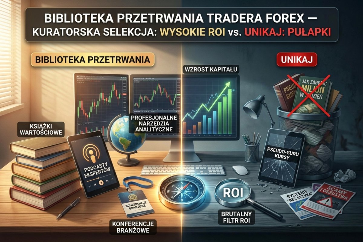 Biblioteka przetrwania tradera Forex — kuratorska selekcja książek, podcastów, narzędzi i konferencji z brutalnym filtrem ROI oraz listą tytułów i ofert, których należy unikać