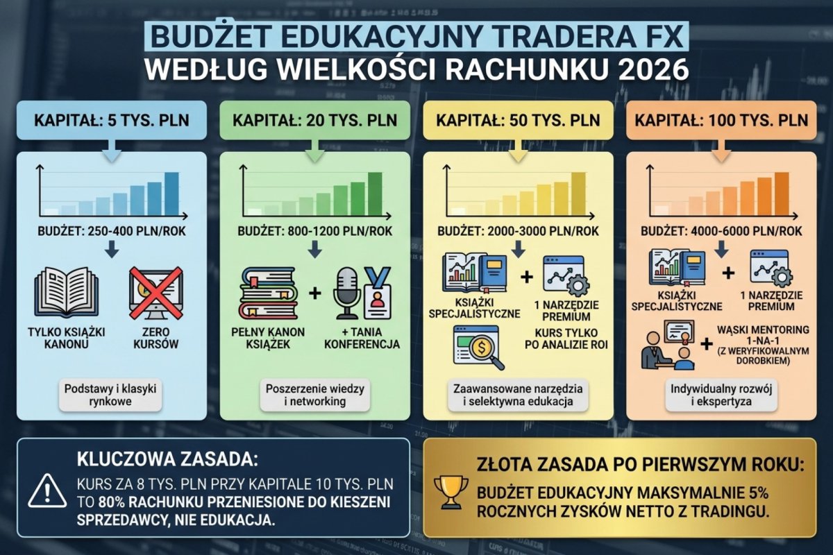 Budżet edukacyjny tradera FX według wielkości rachunku 2026: kapitał 5 tys. PLN → budżet 250-400 PLN/rok (tylko książki kanonu, zero kursów); 20 tys. PLN → 800-1200 PLN (pełny kanon + tania konferencja); 50 tys. PLN → 2000-3000 PLN (książki specjalistyczne + 1 narzędzie premium, kurs tylko po analizie ROI); 100 tys. PLN → 4000-6000 PLN (+ wąski mentoring 1-na-1 z weryfikowalnym dorobkiem). Kluczowa zasada: kurs za 8 tys. PLN przy kapitale 10 tys. PLN to 80 procent rachunku przeniesione do kieszeni sprzedawcy, nie edukacja. Złota zasada po pierwszym roku: budżet edukacyjny maksymalnie 5 procent rocznych zysków netto z tradingu