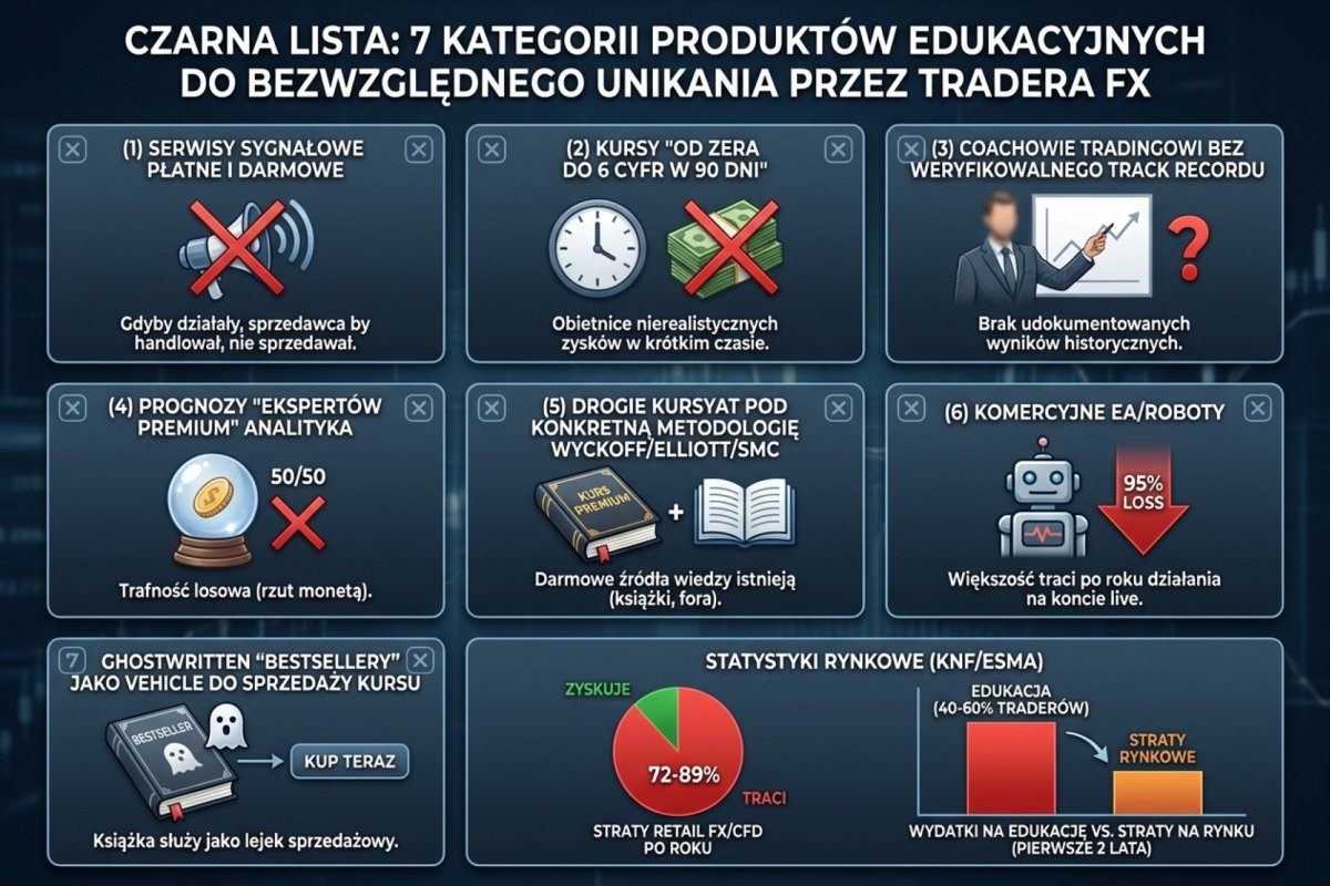Czarna lista 7 kategorii produktów edukacyjnych do bezwzględnego unikania przez tradera FX: (1) serwisy sygnałowe płatne i darmowe (jeśli działały sprzedawca by handlował nie sprzedawał); (2) kursy od zera do 6 cyfr w 90 dni; (3) coachowie tradingowi bez weryfikowalnego track recordu; (4) prognozy ekspertów premium analityka (trafność losowa 50/50); (5) drogie kursy AT pod konkretną metodologię Wyckoff/Elliott/SMC (darmowe źródła istnieją); (6) komercyjne EA/roboty (95 procent traci po roku live); (7) ghostwritten bestsellery jako vehicle do sprzedaży kursu. Statystyki: 72-89 procent retail FX/CFD ze stratą po roku (KNF/ESMA), 40-60 procent traderów wydaje na edukację więcej niż traci na rynku w pierwszych 2 latach
