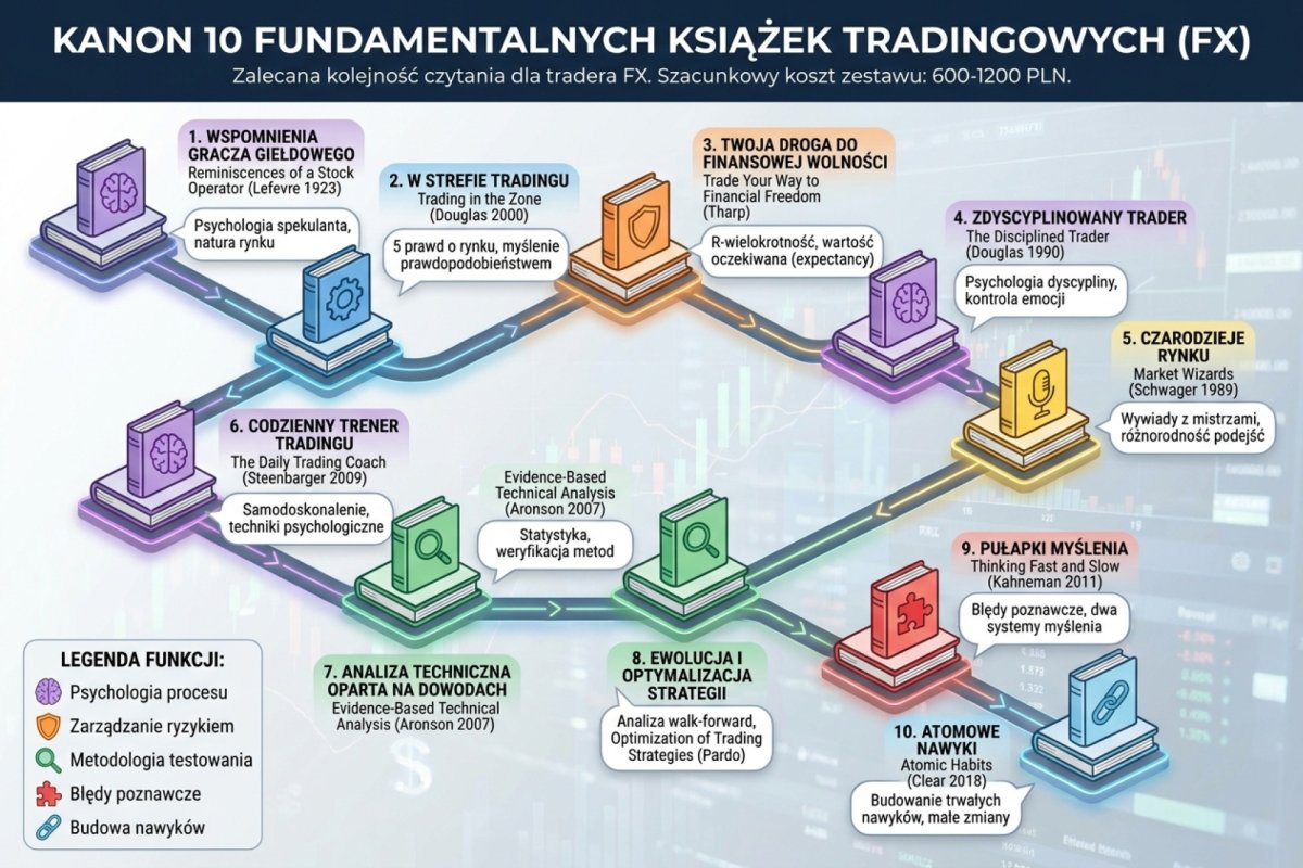 Kanon 10 fundamentalnych książek tradingowych w kolejności czytania dla tradera FX: Reminiscences of a Stock Operator (Lefevre 1923, psychologia spekulanta), Trading in the Zone (Douglas 2000, 5 prawd o rynku), Trade Your Way to Financial Freedom (Tharp, R-multiple i expectancy), The Disciplined Trader (Douglas 1990), Market Wizards (Schwager 1989, wywiady), The Daily Trading Coach (Steenbarger 2009), Evidence-Based Technical Analysis (Aronson 2007, statystyka), The Evaluation and Optimization of Trading Strategies (Pardo, walk-forward), Thinking Fast and Slow (Kahneman 2011, biasy), Atomic Habits (Clear 2018, nawyki). Pięć funkcji: psychologia procesu, zarządzanie ryzykiem, metodologia testowania, biasy poznawcze, budowa nawyków. Koszt całego zestawu 600-1200 PLN za 10 tytułów