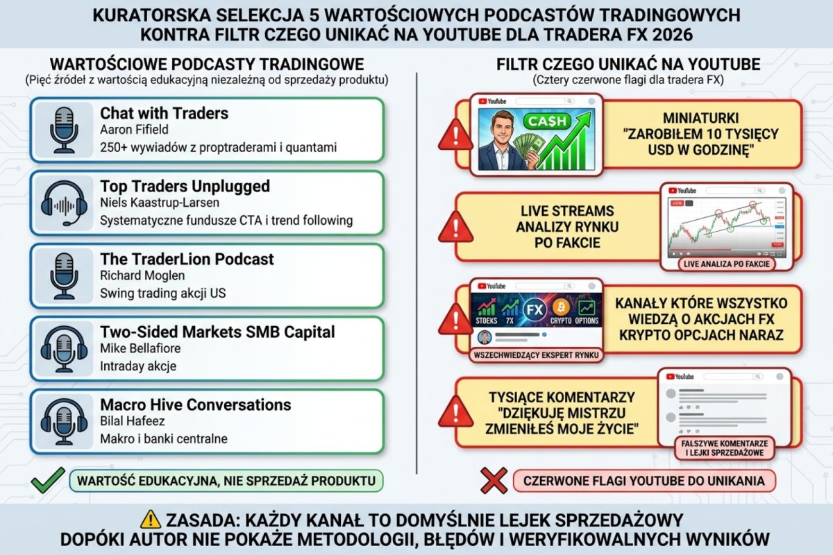 Kuratorska selekcja 5 wartościowych podcastów tradingowych kontra filtr czego unikać na YouTube dla tradera FX 2026. Pięć źródeł z wartością edukacyjną niezależną od sprzedaży produktu: Chat with Traders (Aaron Fifield, 250+ wywiadów z proptraderami i quantami), Top Traders Unplugged (Niels Kaastrup-Larsen, systematyczne fundusze CTA i trend following), The TraderLion Podcast (Richard Moglen, swing trading akcji US), Two-Sided Markets SMB Capital (Mike Bellafiore, intraday akcje), Macro Hive Conversations (Bilal Hafeez, makro i banki centralne). Cztery czerwone flagi YouTube do unikania: miniaturki zarobiłem 10 tysięcy USD w godzinę, live streams analizy rynku po fakcie, kanały które wszystko wiedzą o akcjach FX krypto opcjach naraz, tysiące komentarzy dziękuję mistrzu zmieniłeś moje życie. Zasada: każdy kanał to domyślnie lejek sprzedażowy dopóki autor nie pokaże metodologii, błędów i weryfikowalnych wyników