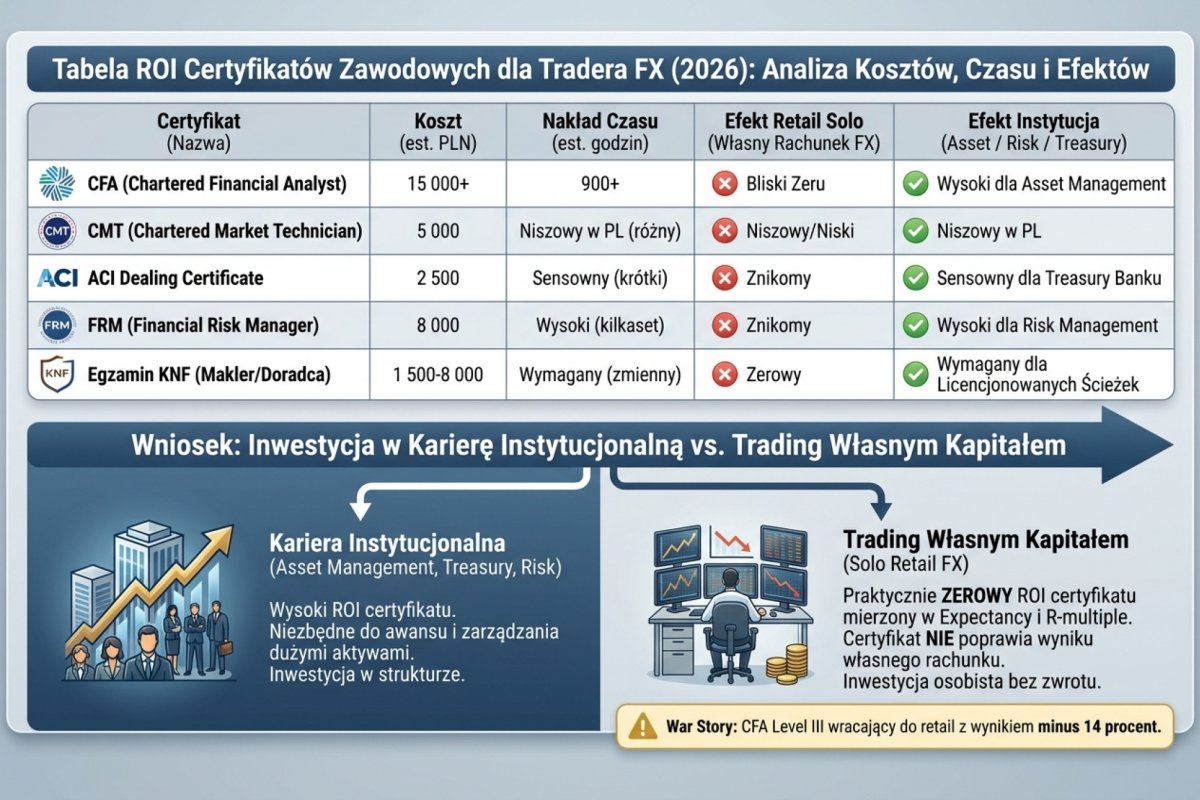 Tabela ROI certyfikatów zawodowych dla tradera FX 2026: CFA (15 tys.+ PLN, 900+ godzin, efekt retail solo bliski zeru, efekt instytucja wysoki dla asset management); CMT (5 tys. PLN, niszowy w PL); ACI Dealing Certificate (2,5 tys. PLN, sensowny dla treasury banku); FRM (8 tys. PLN, wysoki dla risk management); egzamin KNF makler/doradca (1,5-8 tys. PLN, wymagany dla licencjonowanych ścieżek). Wniosek: dla tradera handlującego własnym kapitałem ROI certyfikatu mierzony w expectancy i R-multiple jest praktycznie zerowy. Certyfikat to inwestycja w karierę instytucjonalną, nie w wynik własnego rachunku FX. War story CFA Level III wracający do retail z wynikiem minus 14 procent