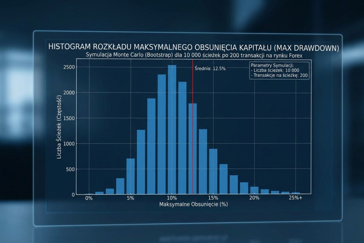 Histogram rozkładu max drawdown z bootstrapu Monte Carlo dla 10 000 ścieżek po 200 trade'ach — oś X drawdown w procentach, oś Y częstość. Zaznaczone progi RoR(&minus;20%) i RoR(&minus;50%) z percentyla 95 i 99; przykładowy wynik dla rozkładu R systemu z expectancy +0,22R i win rate 48% (pytanie III.3 egzaminu)