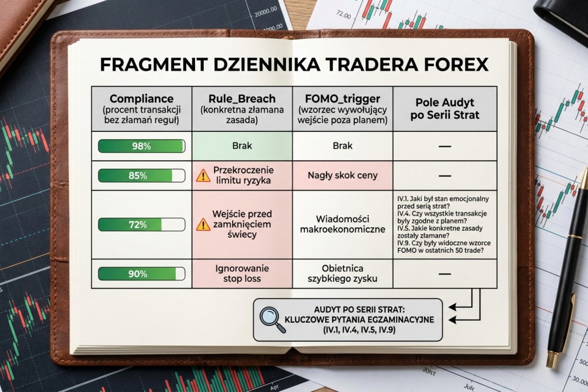 Fragment dziennika tradera z kolumnami compliance (procent transakcji bez złamań reguł), rule_breach (konkretna złamana zasada), FOMO_trigger (wzorzec wywołujący wejście poza planem) i pole audyt po serii strat — pytania IV.1, IV.4, IV.5 i IV.9 egzaminu wymagają konkretnych wpisów z ostatnich 50 trade'ów, nie deklaracji „mam to w głowie"