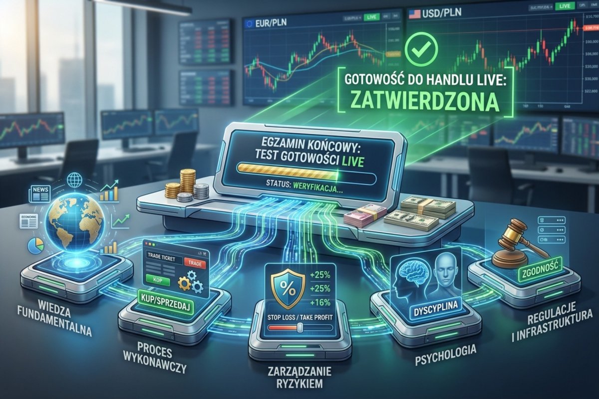 Egzamin końcowy po kursie Forex — pięcioobszarowy test gotowości do handlu live: wiedza fundamentalna, proces wykonawczy, zarządzanie ryzykiem, psychologia, regulacje i infrastruktura