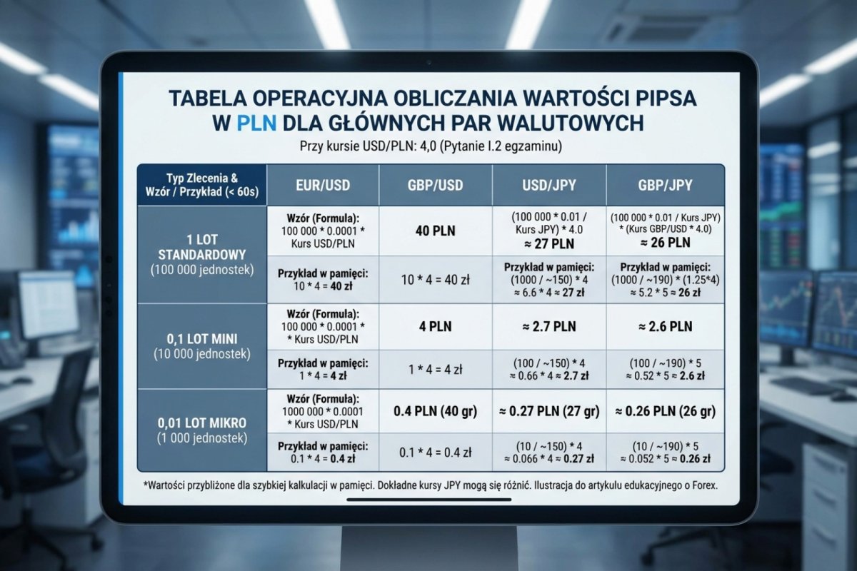 Tabela operacyjna obliczania wartości pipsa w PLN dla głównych par walutowych (EUR/USD, GBP/USD, USD/JPY, GBP/JPY) przy kursie USD/PLN 4,0 — wzory dla 1 lota standardowego, 0,1 lota mini i 0,01 lota mikro, z przykładami liczonymi w głowie w mniej niż 60 sekund (pytanie I.2 egzaminu)