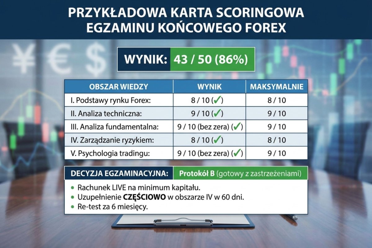 Przykład wypełnionej karty scoringowej egzaminu końcowego — wynik 43/50, rozkład per obszar: I — 8/10, II — 9/10, III — 9/10 (bez zera), IV — 8/10, V — 9/10 (bez zera). Decyzja: Protokół B (gotowy z zastrzeżeniami), rachunek live na minimum kapitału, uzupełnienie CZĘŚCIOWO w obszarze IV w 60 dni, re-test za 6 miesięcy