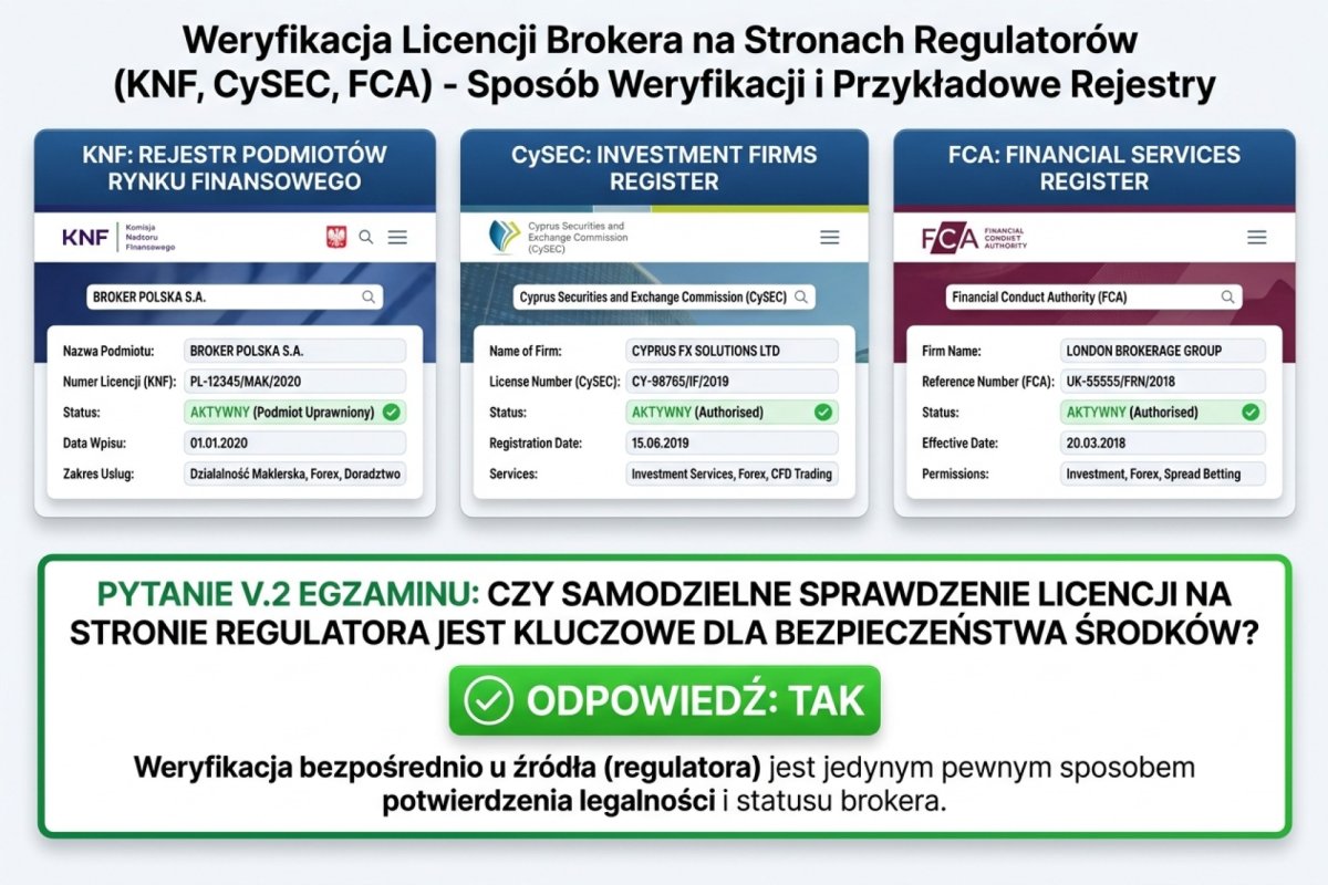Sposób weryfikacji licencji brokera bezpośrednio na stronie regulatora — przykładowe widoki rejestrów: KNF (rejestr podmiotów rynku finansowego), CySEC (Investment Firms Register), FCA (Financial Services Register) — z polem identyfikującym numer licencji, status aktywności, datę wpisu i zakres usług. Wymagane do odpowiedzi TAK na pytanie V.2 egzaminu