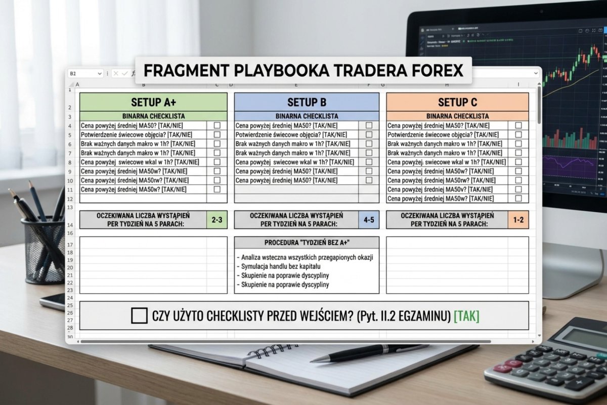 Przykładowy fragment playbooka tradera w arkuszu z trzema setupami A+/B/C — każdy setup ma binarną checklistę 6&ndash;10 warunków TAK/NIE (bez „prawie spełnia"), oczekiwaną liczbę wystąpień per tydzień na 5 parach, procedurę „tydzień bez A+" oraz pole kontrolne potwierdzające użycie checklisty przed wejściem (pytanie II.2 egzaminu)
