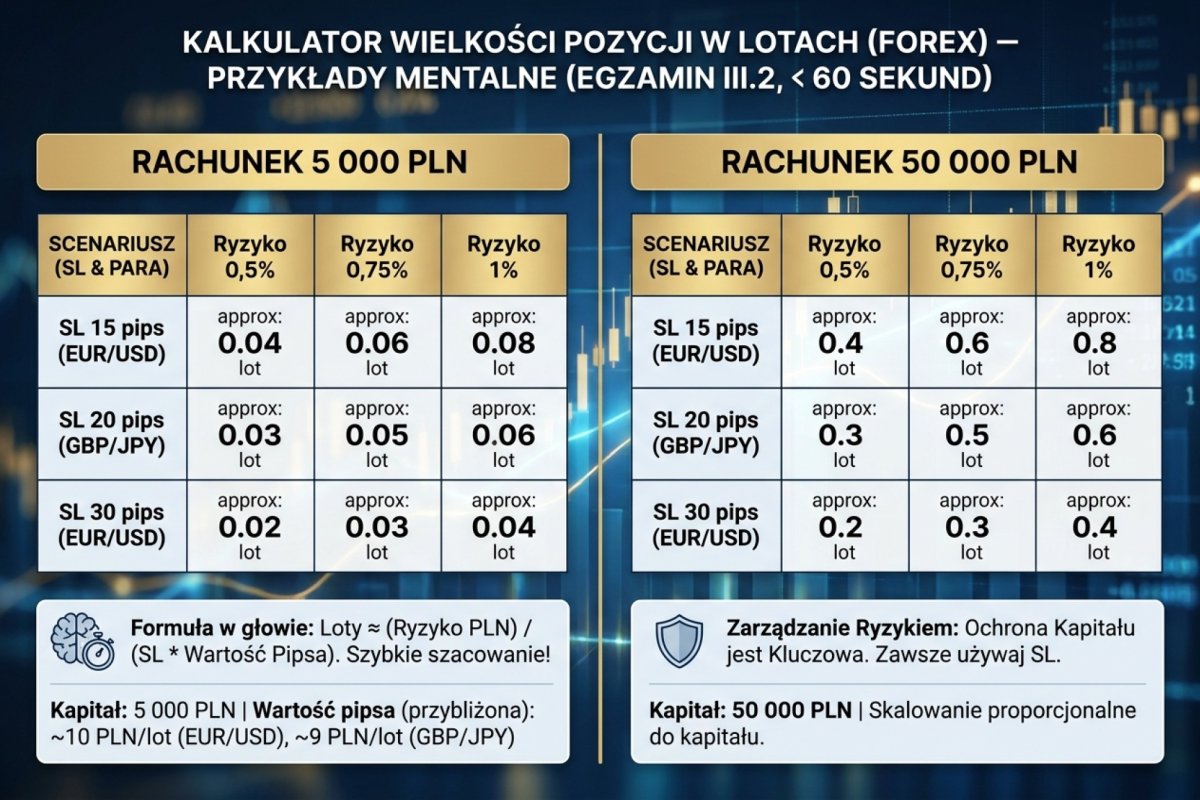Kalkulator wielkości pozycji w lotach dla zadanego SL w pipsach, procentu ryzyka i kapitału — przykłady dla rachunku 5 000 PLN i 50 000 PLN przy 0,5%, 0,75% i 1% ryzyka, SL 15/20/30 pipsów na EUR/USD i GBP/JPY (pytanie III.2 egzaminu, wykonanie w głowie pod 60 sekund)