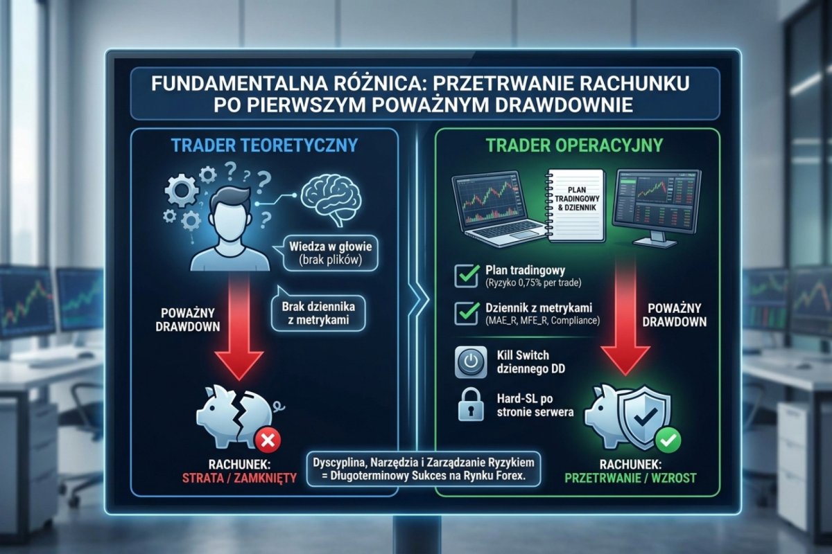 Porównanie tradera teoretycznego (wiedza w głowie, brak plików, brak dziennika z metrykami) i tradera operacyjnego (plan tradingowy z wartością ryzyka 0,75% per trade, dziennik z MAE_R/MFE_R/compliance, kill switch dziennego DD, hard-SL po stronie serwera brokera) — fundamentalna różnica decydująca o przeżyciu rachunku po pierwszym poważnym drawdownie