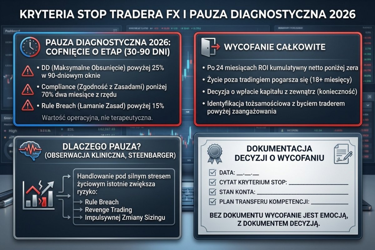 Kryteria stop tradera FX i pauza diagnostyczna 2026: cofnięcie o etap (DD powyżej 25 procent w 90-dniowym oknie, compliance poniżej 70 procent dwa miesiące, rule_breach powyżej 15 procent) kontra wycofanie całkowite (po 24 miesiącach ROI kumulatywny netto poniżej zera, życie poza tradingiem pogarsza się 18+ miesięcy, decyzja o wpłacie kapitału z zewnątrz, identyfikacja tożsamościowa z byciem traderem powyżej zaangażowania). Pauza diagnostyczna 30-90 dni bez handlu: wartość operacyjna nie terapeutyczna, handlowanie pod silnym stresem życiowym istotnie zwiększa ryzyko rule breach, revenge tradingu i impulsywnej zmiany sizingu (obserwacja kliniczna, Steenbarger). Dokumentacja decyzji o wycofaniu: data, cytat kryterium stop, stan konta, plan transferu kompetencji. Bez dokumentu wycofanie jest emocją, z dokumentem decyzją