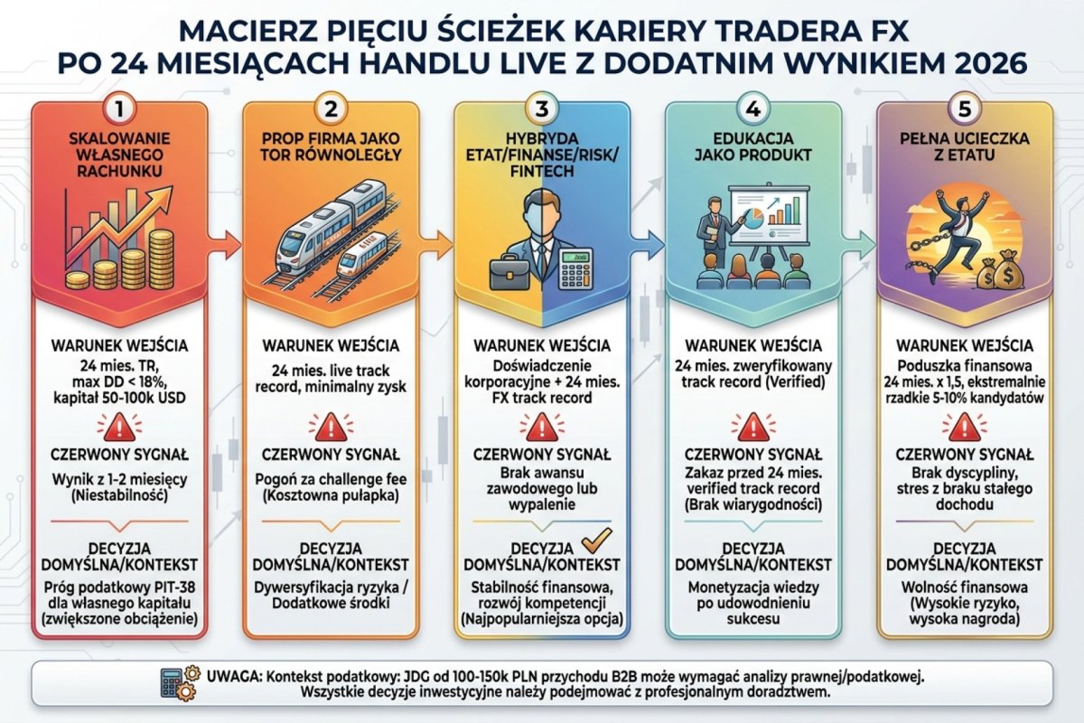 Macierz pięciu ścieżek kariery tradera FX po 24 miesiącach handlu live z dodatnim wynikiem 2026: (1) skalowanie własnego rachunku (warunek 24 mies. TR, max DD poniżej 18 procent, kapitał 50-100k USD; czerwony sygnał wynik z 1-2 miesięcy); (2) prop firma jako tor równoległy (czerwony sygnał pogoń za challenge fee); (3) hybryda etat/finanse treasury/risk/fintech (decyzja domyślna dla większości); (4) edukacja jako produkt (zakaz przed 24 mies. verified track record); (5) pełna ucieczka z etatu (poduszka 24 mies. razy 1,5, ekstremalnie rzadkie 5-10 procent kandydatów). Każda ścieżka z minimalnym warunkiem wejścia, czerwonym sygnałem i decyzją domyślną. Próg podatkowy PIT-38 dla własnego kapitału, JDG od 100-150k PLN przychodu B2B