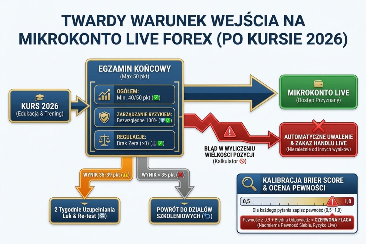 Twardy warunek wejścia do mikrokonta live dla tradera FX po kursie 2026: egzamin końcowy minimum 40/50 punktów + bezwzględne 100 procent w sekcji Zarządzanie ryzykiem + brak zera w sekcji Regulacje. Jakikolwiek błąd w wyliczeniu wielkości pozycji = automatyczne uwalenie egzaminu i zakaz handlu live niezależnie od punktów z analizy technicznej. Wynik 35-39 = dwa tygodnie uzupełniania luk i re-test, poniżej 35 = powrót do działów. Kalibracja Brier score: dla każdego pytania zapisz pewność 0,5-1,0; pytania z pewnością 0,9+ i błędną odpowiedzią to obszary nadmiernej pewności siebie, czerwona flaga dla zarządzania ryzykiem live