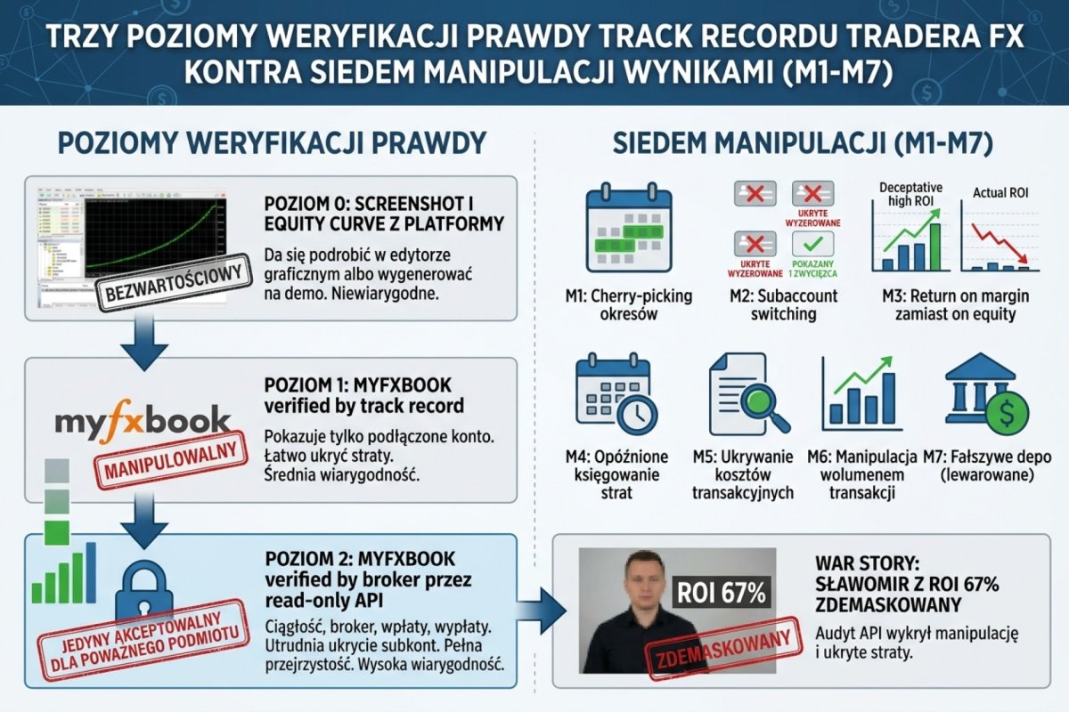 Trzy poziomy weryfikacji prawdy track recordu tradera FX kontra siedem manipulacji wynikami M1-M7: Poziom 0 screenshot i equity curve z platformy = bezwartościowy (da się podrobić w edytorze graficznym albo wygenerować na demo). Poziom 1 Myfxbook verified by track record = manipulowalny, pokazuje tylko podłączone konto. Poziom 2 Myfxbook verified by broker przez read-only API = jedyny akceptowalny dla poważnego podmiotu, pokazuje ciągłość, brokera, wpłaty, wypłaty i utrudnia ukrycie subkont. Manipulacje M1-M7: cherry-picking okresów, M2 subaccount switching (4 subkonta, pokazany 1 zwycięzca, 3 ukryte wyzerowane), return on margin zamiast return on equity. War story Sławomira z ROI 67 procent zdemaskowanego przy audycie API